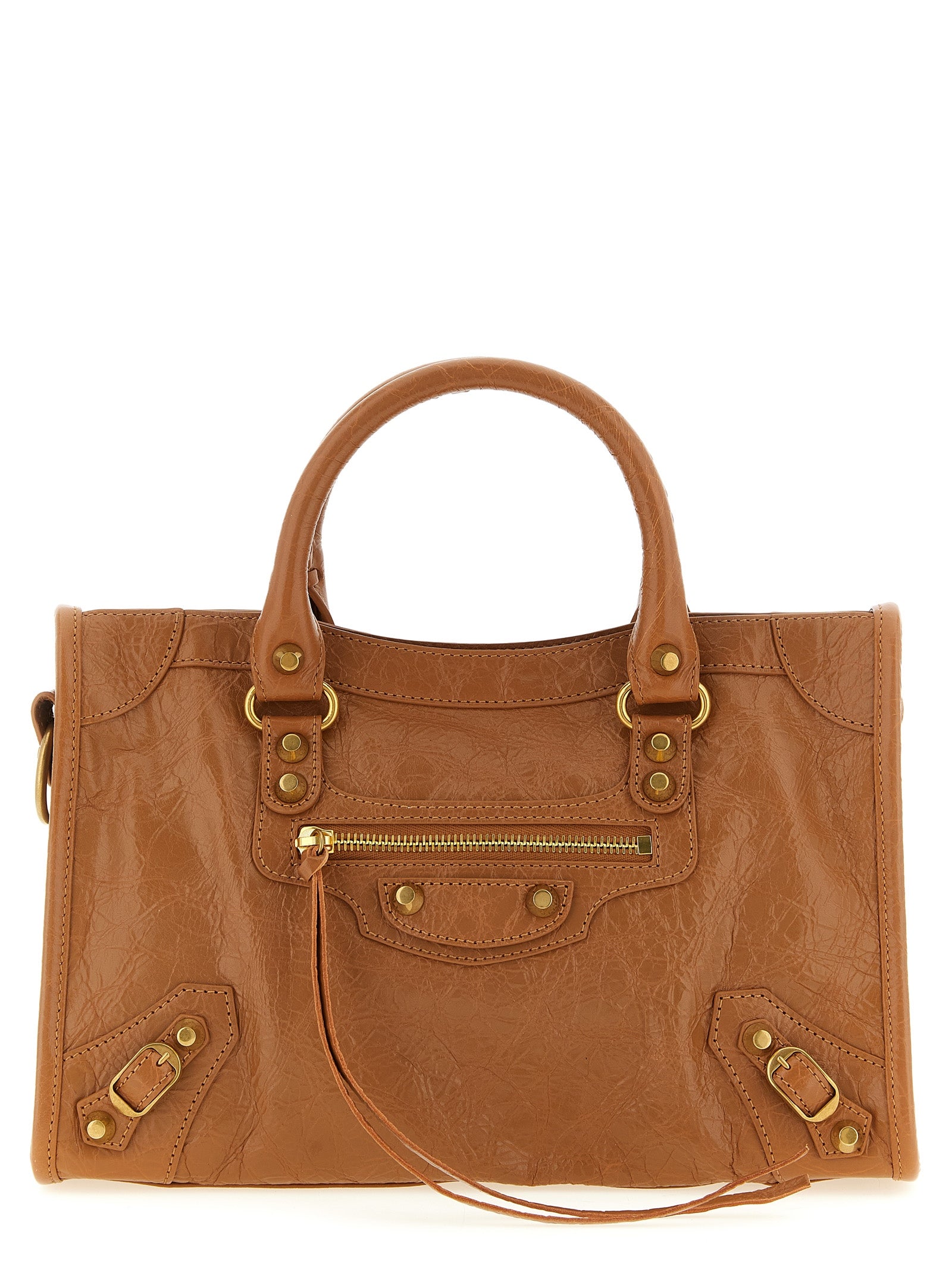 Balenciaga Le City Bag Small in camel Arena lambskin leather featuring hand-braided handles, aged-gold hardware, and zipped pocket, front view.