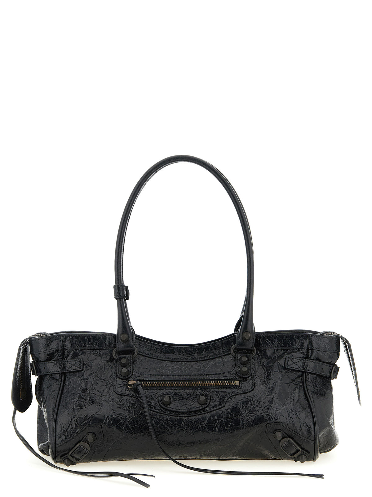 Balenciaga Le City East-West shoulder bag in textured black Arena lambskin with brass hardware and knotted zip pulls.