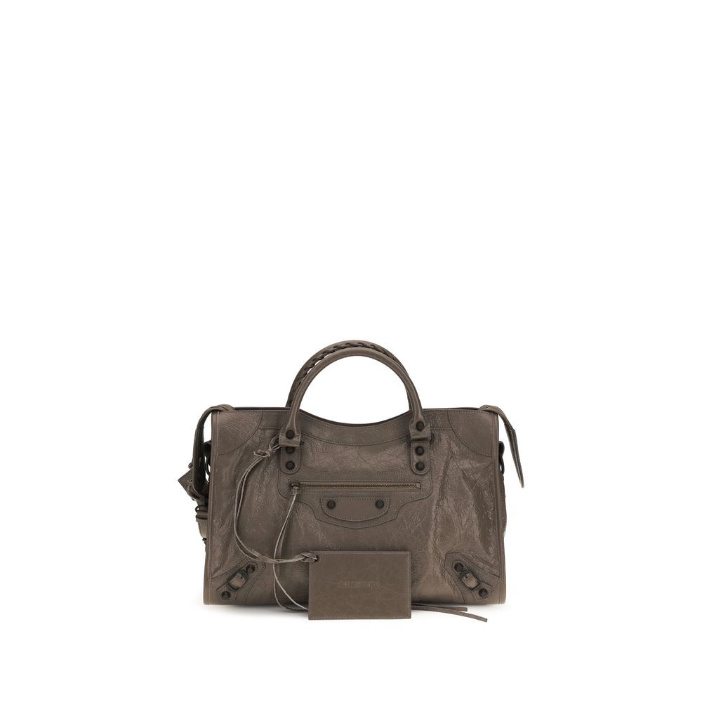 Balenciaga Le City Medium Bag in Dark Noix brown Arena lambskin with hand-braided handles and brass hardware.