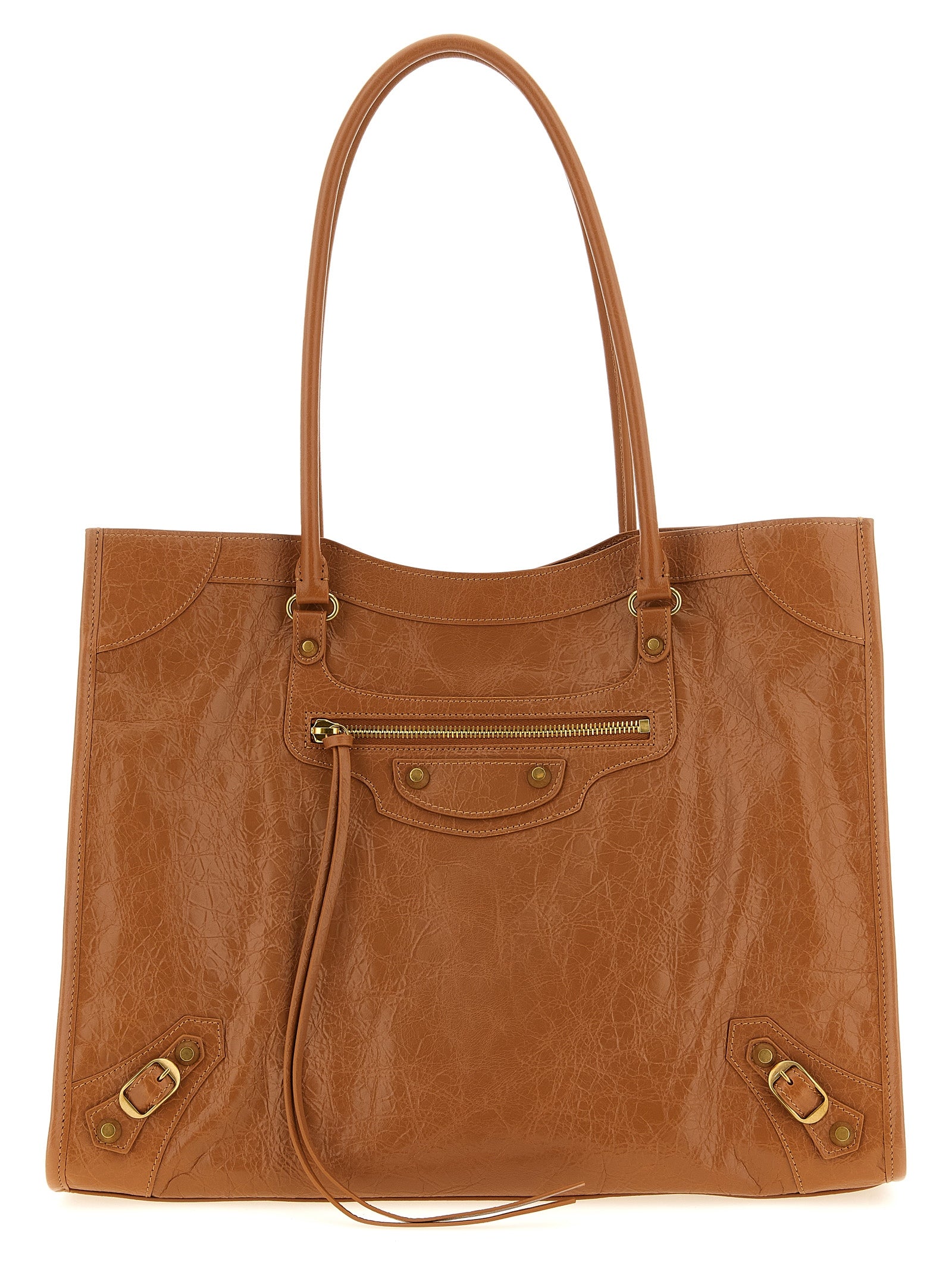 Balenciaga Le City Tote Bag Medium in camel Arena lambskin leather featuring aged-gold brass hardware and front zipped pocket, front view.