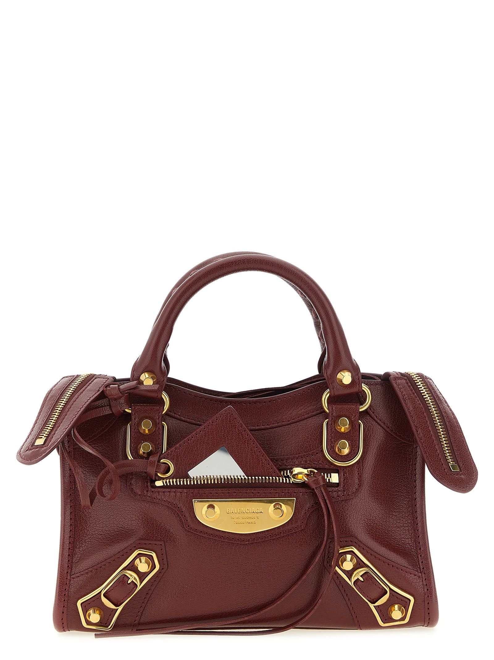 Balenciaga Le City Uptown Mini bag in bordeaux goatskin featuring aged-gold hardware, braided handles, and removable mirror.