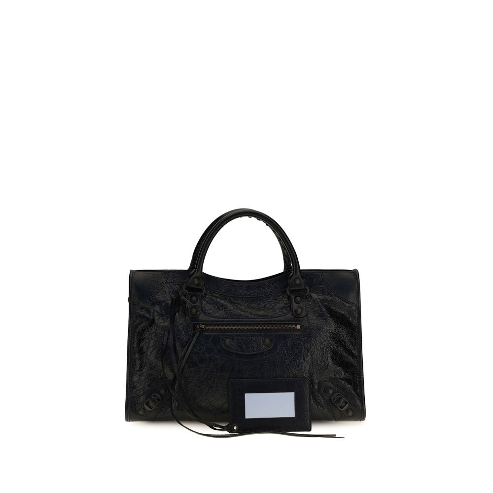 Balenciaga Medium Le City Bag in black Arena lambskin featuring brass hardware, braided handles, and long knotted leather pullers.