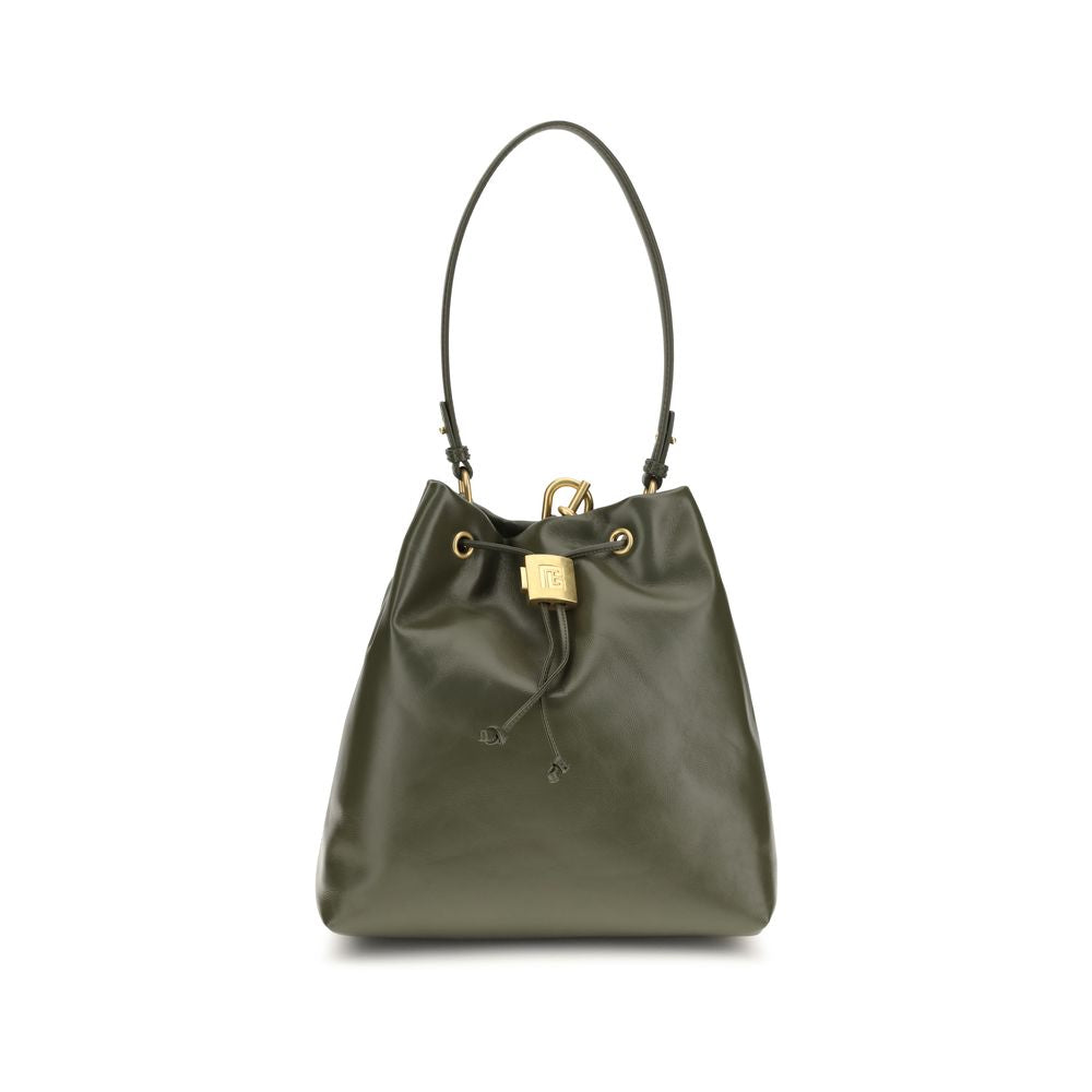 Balmain Pulse Backpack in Olive Green calfskin leather featuring gold chain straps and embossed PB drawstring closure.