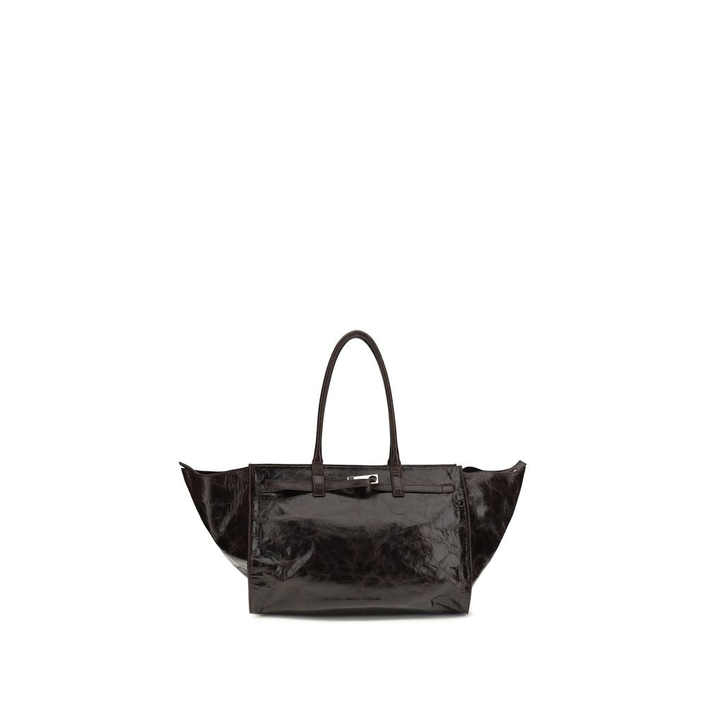 Benedetta Bruzziches Mame Weekend Shoulder Bag - Dark Brown Calfskin with silver-tone hardware and signature winged side gussets from The Exclusive Line Singapore.