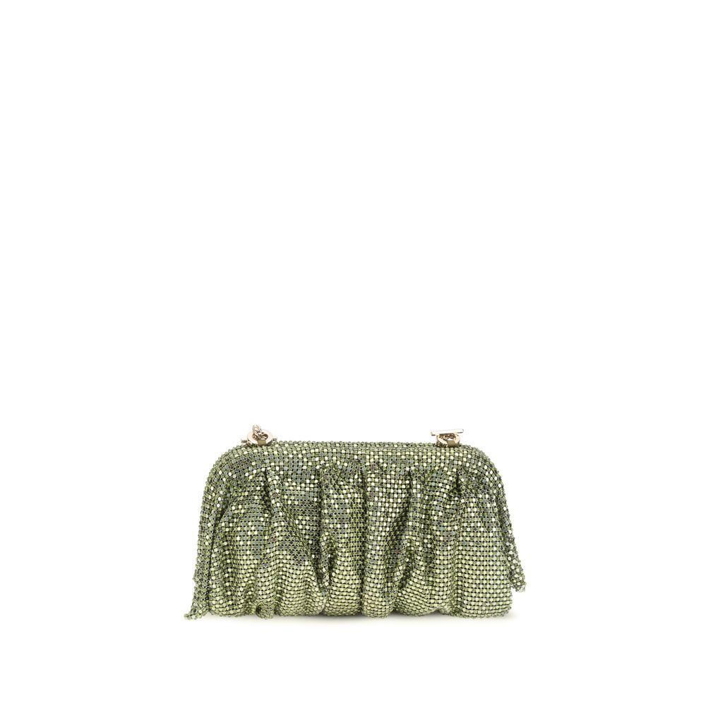 Benedetta Bruzziches Venus La Grande clutch in Fantasy Green crystal mesh with detachable chain strap.