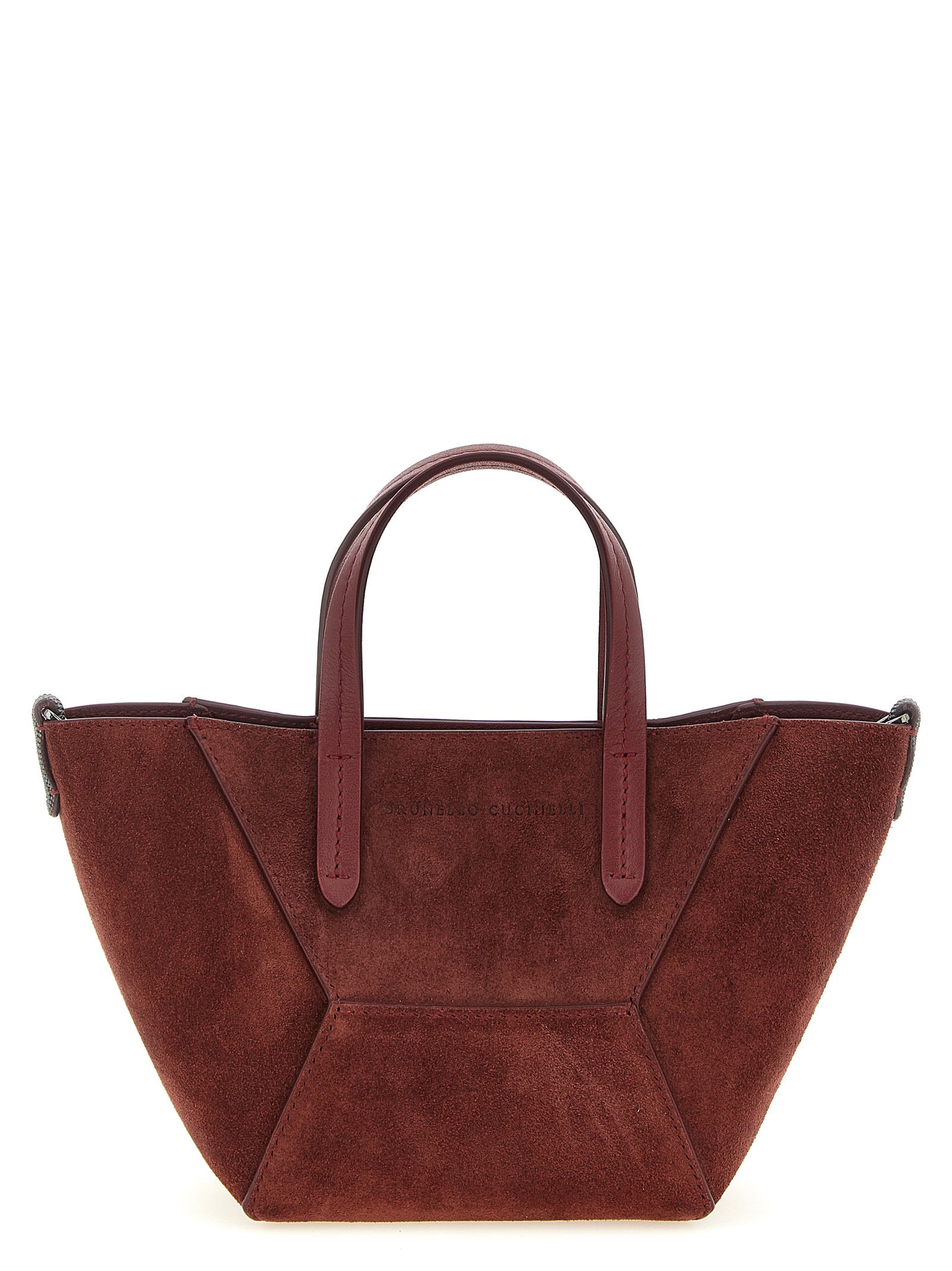 Brunello Cucinelli BC Duo Mini Bag in rich Bordeaux burgundy suede featuring sparkling hand-applied monili side panels from The Exclusive Line Singapore.