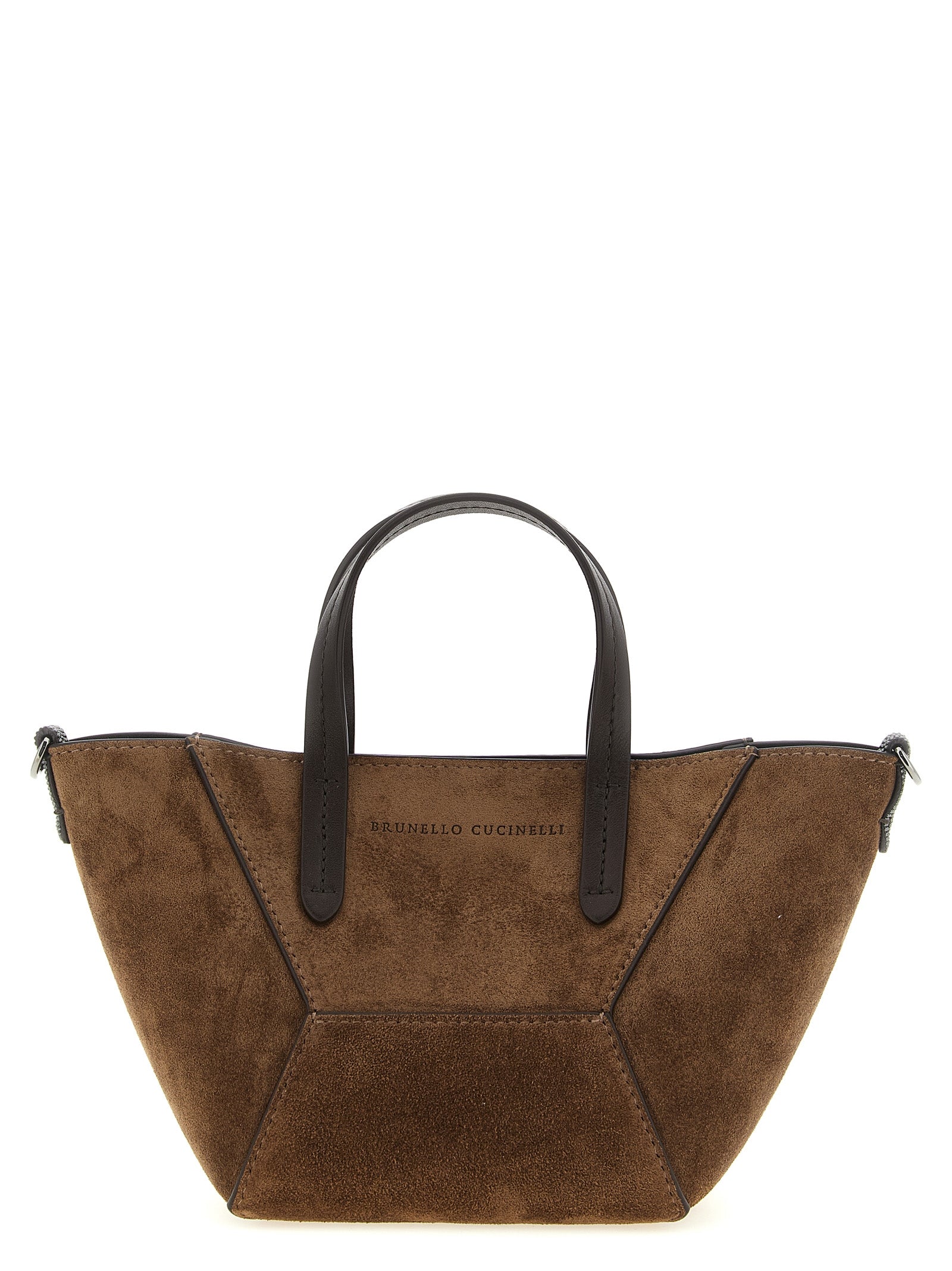 Brunello Cucinelli BC Duo Mini Bag in rich Brown suede featuring sparkling hand-applied monili side panels from The Exclusive Line Singapore.