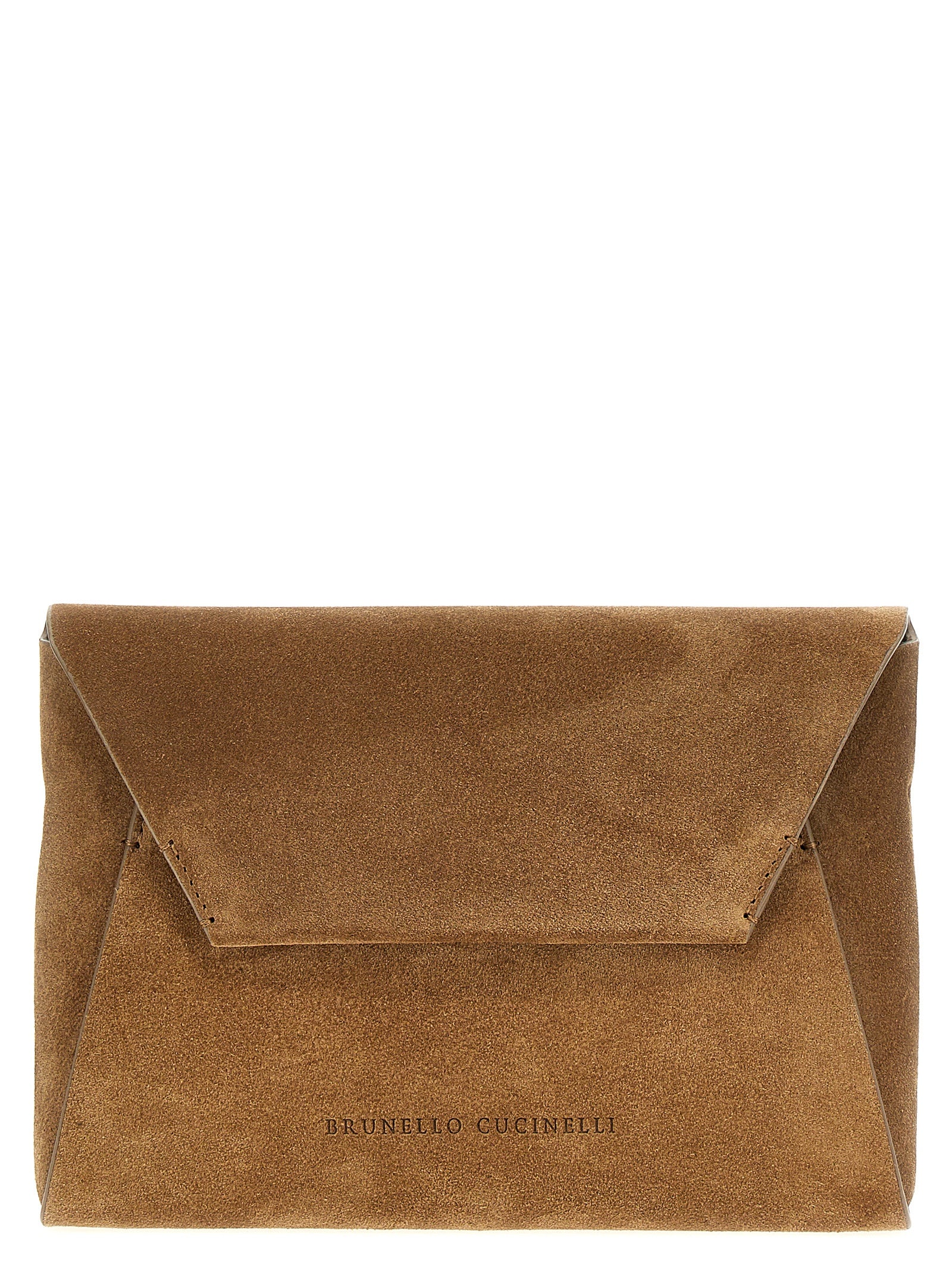 Brunello Cucinelli BC Duo Pochette in velvety brown suede featuring a removable sparkling precious monili chain strap from The Exclusive Line SIngapore.