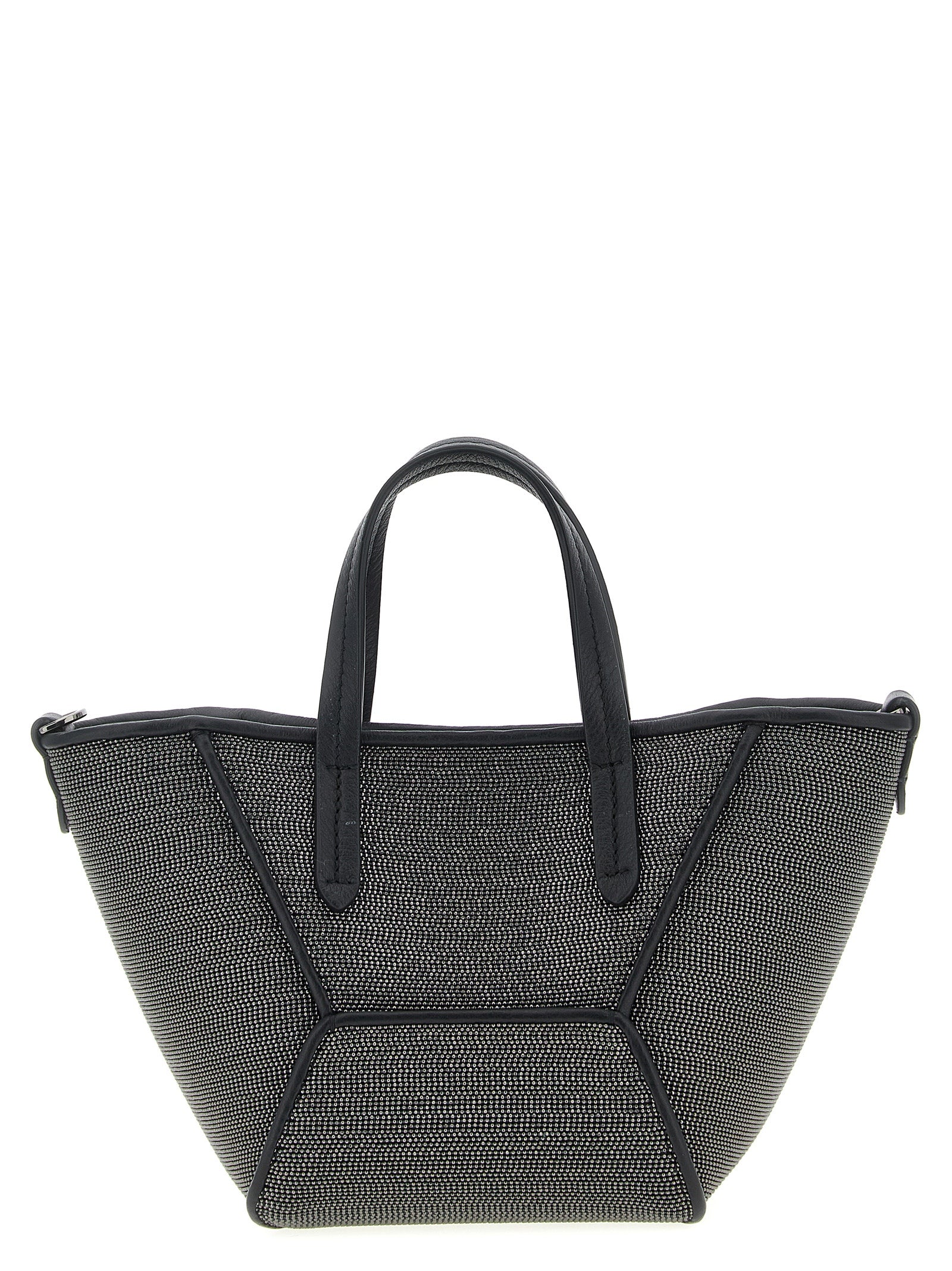 Brunello Cucinelli BC Duo Precious Mini Bag in black with all-over monili sparkle, double handles, and visible seam architecture from The Exclusive Line Singapore.