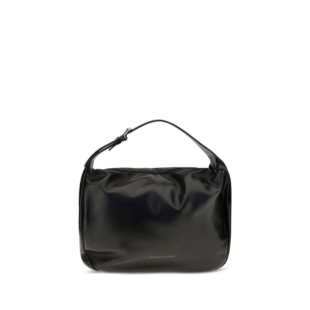 runello Cucinelli Black Nappa Leather Boule Hobo Bag with adjustable strap and suede lining.
