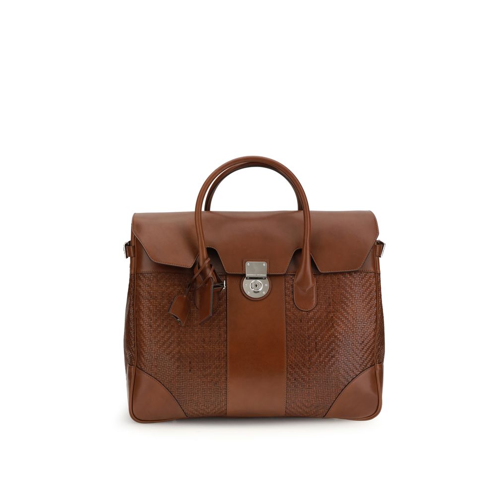 Brunello Cucinelli Braided Leather & Cowhide Boston Bag in Cognac from The Exclusive Line Singapore.