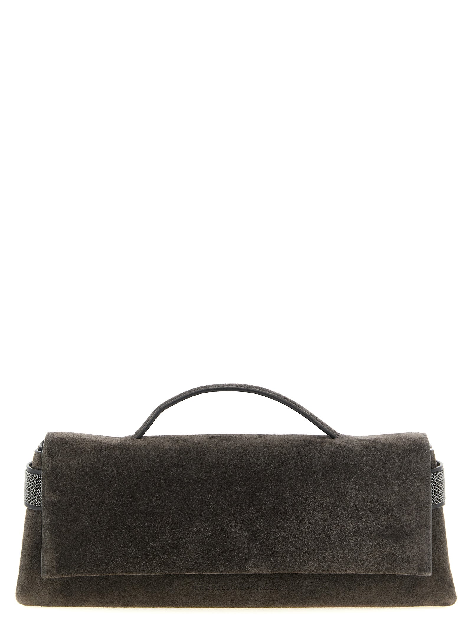 Brunello Cucinelli Essence Clutch Bag in Pepper grey velvety suede with iconic shimmering monili side inserts from The Exclusive Line Singapore.