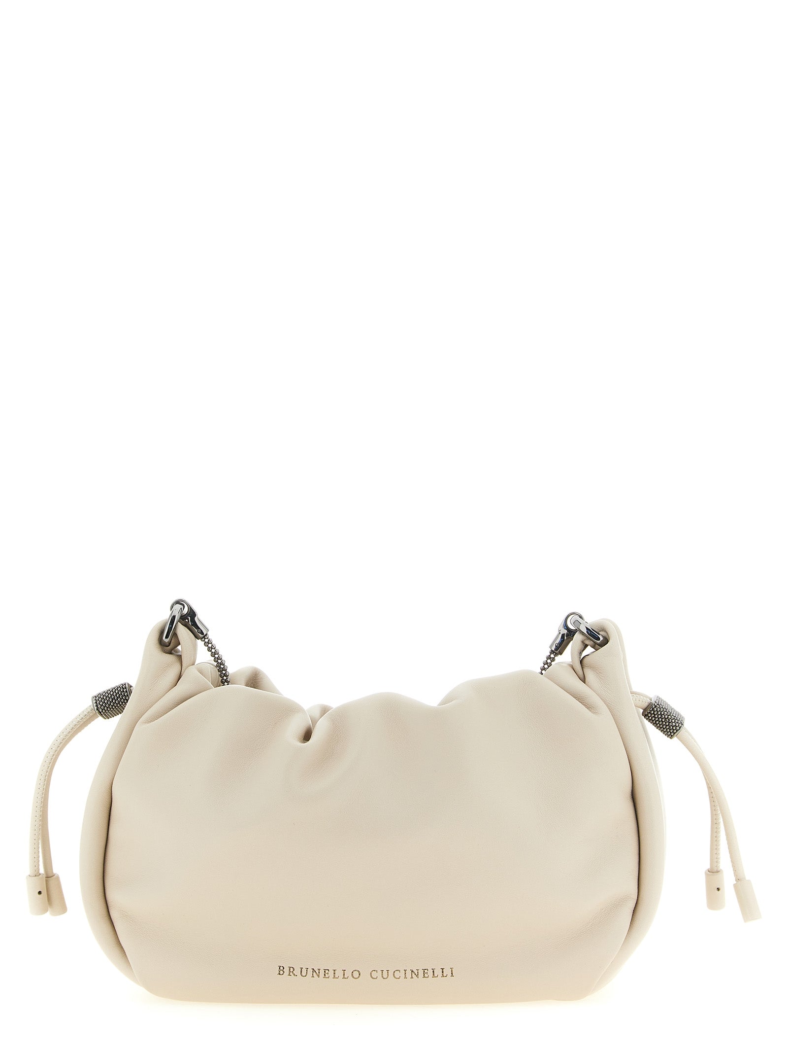 Brunello Cucinelli Mellow Mini Bucket Bag in soft Ivory white leather featuring a brilliant four-row sparkling monili chain shoulder strap from The Exclusive Line Singapore.