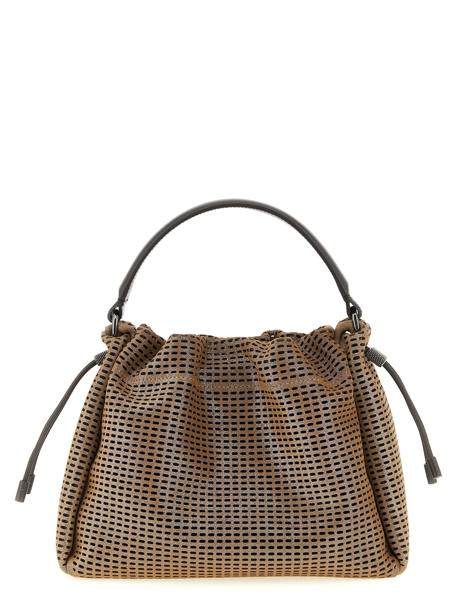 Brunello Cucinelli Mellow Small Bucket Bag in metallic brown sparkling leather net with a gathered drawstring closure from The Exclusive Line Singapore.