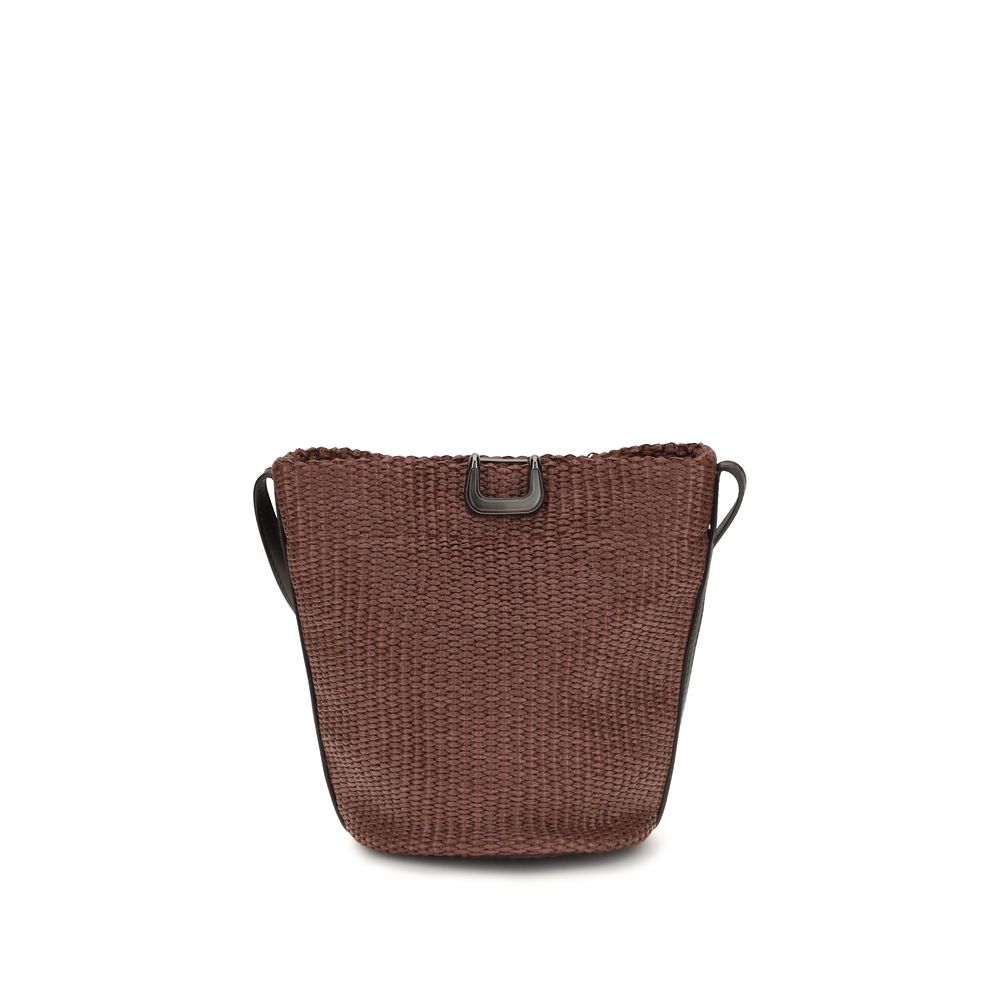 Brunello Cucinelli Sartorial Small Bucket Bag in bordeaux woven techno raffia with an adjustable shoulder strap and a genuine horn belt-buckle closure.