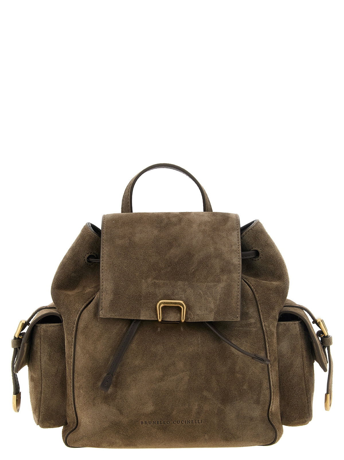 Brunello Cucinelli Sartorial Backpack in Bark brown velvety suede featuring side pockets and leather drawstring closure.