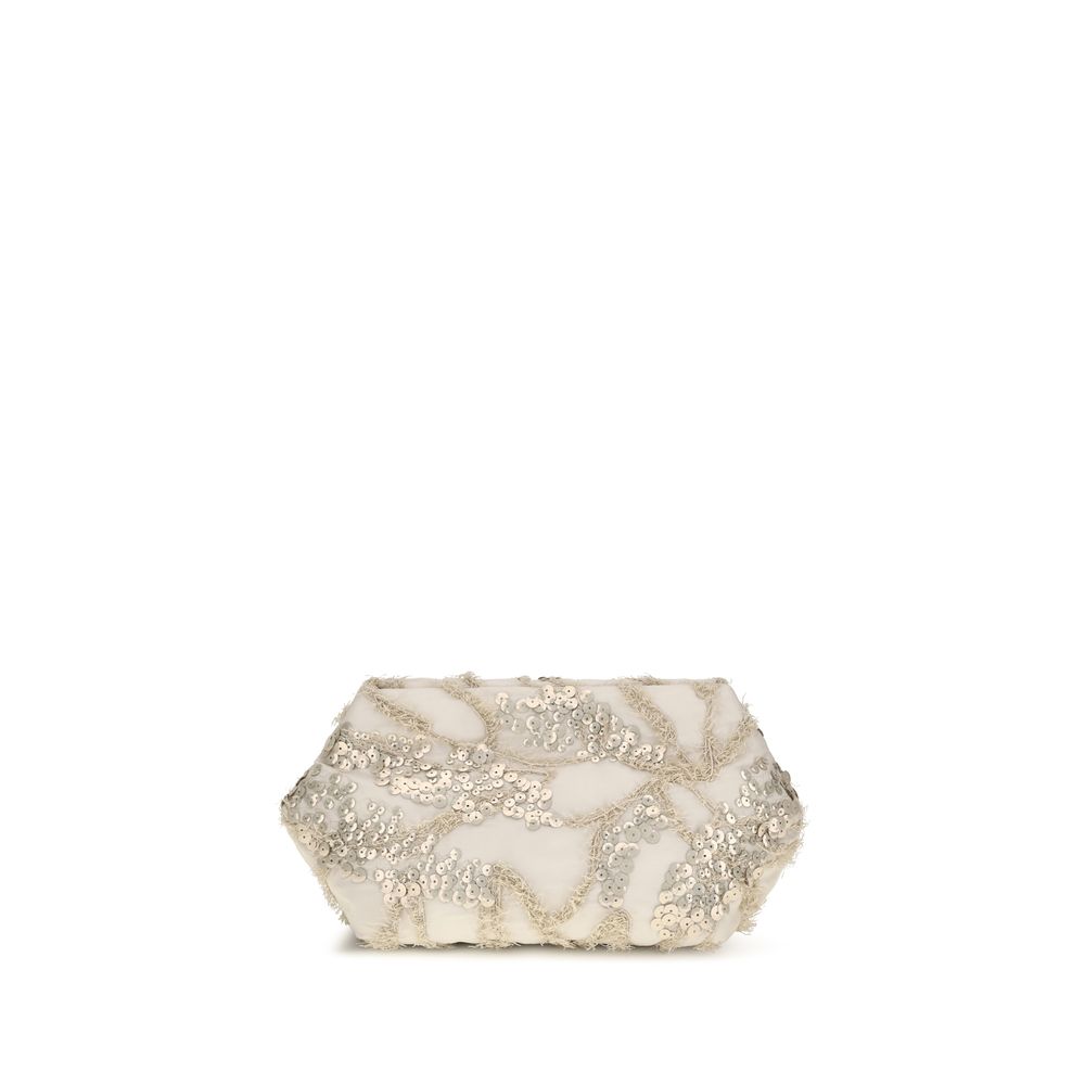 Brunello Cucinelli Beige Silk Organza Pouch Bag with sequin seabed embroidery and detachable strap.