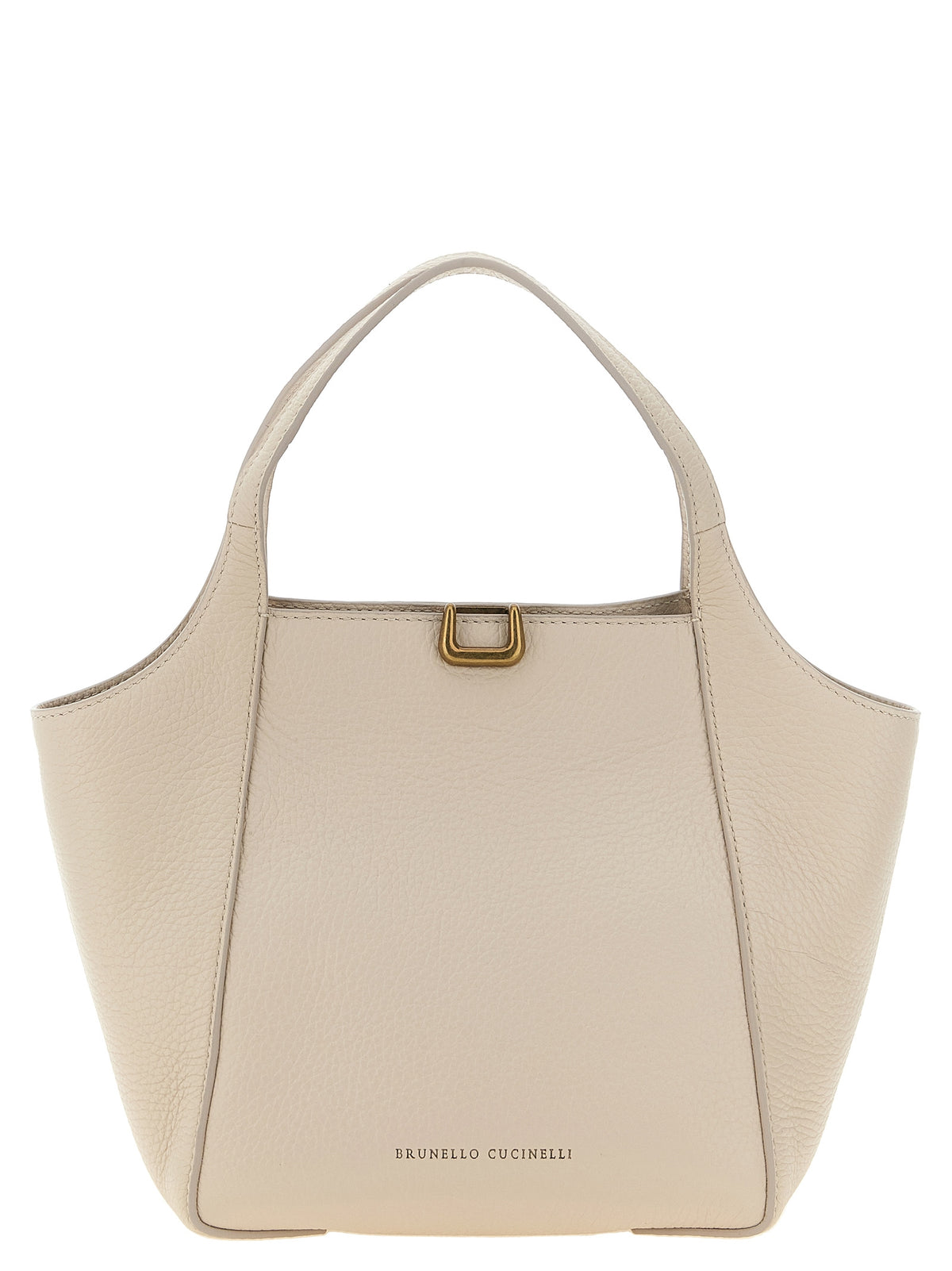 Brunello Cucinelli Sartorial Small Bucket Bag in ivory grained leather with top handles and shoulder strap.