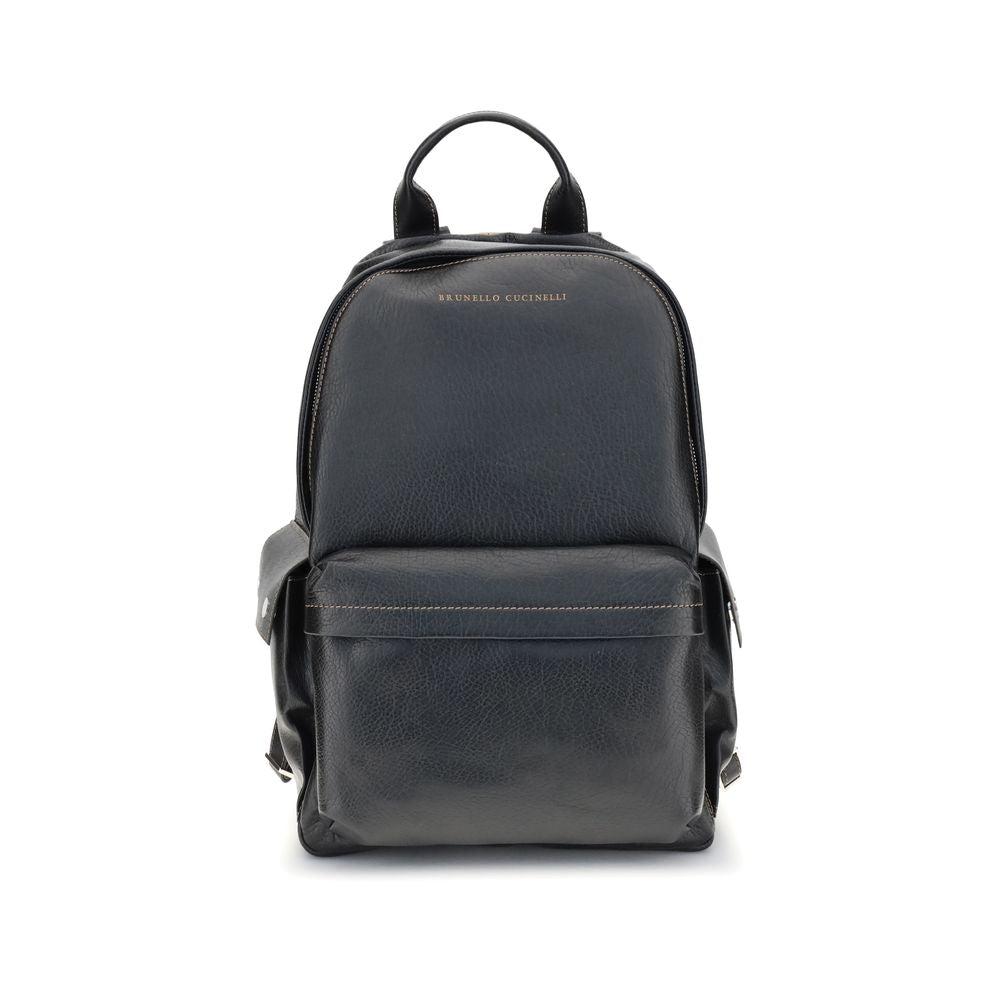 Brunello Cucinelli Travel Backpack in premium black calfskin leather with external pockets and a polished vintage finish from The Exclusive Line Singapore.