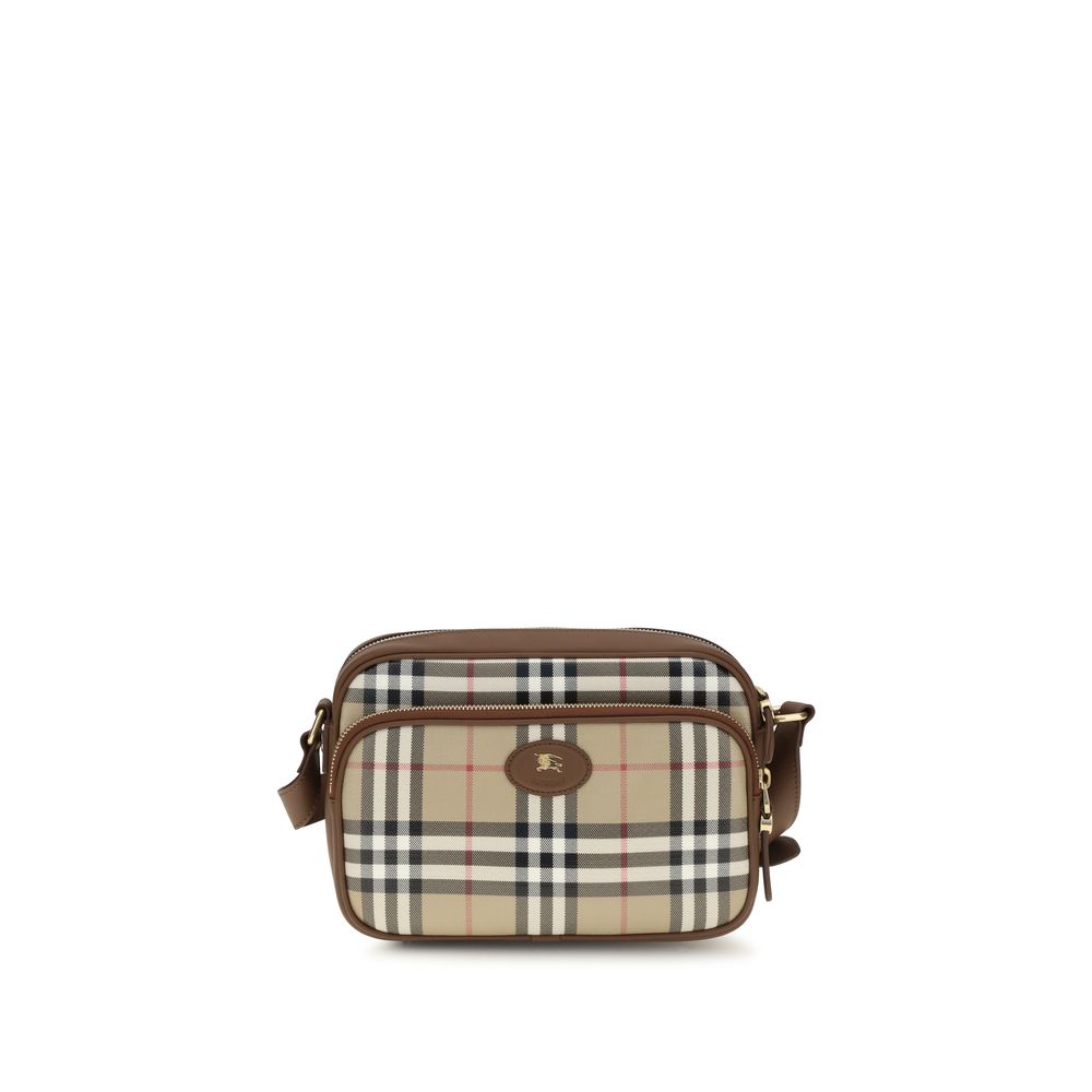Burberry Check Pocket Crossbody Bag in archive beige woven canvas with calf leather trim and Knight stamp motif.