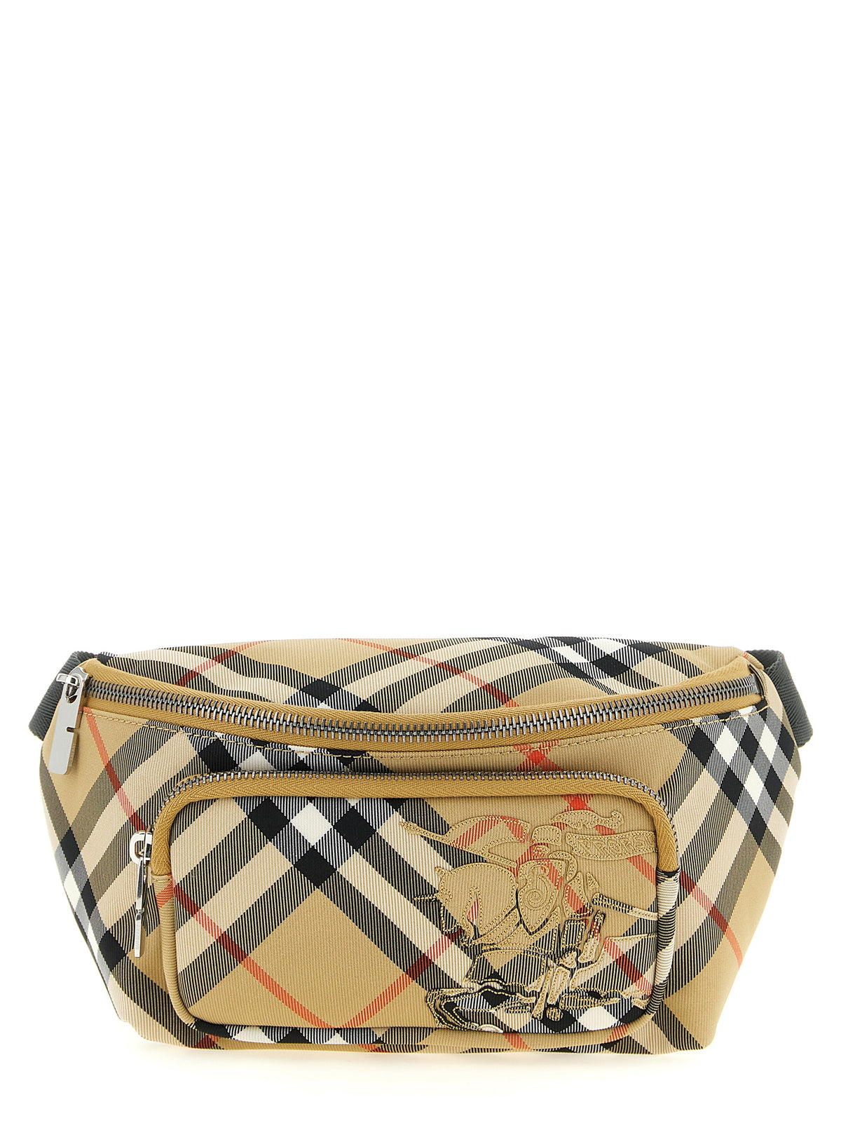 Burberry Check Small Belt Bag in Sand Beige featuring Equestrian Knight Design appliqué and adjustable webbing strap.