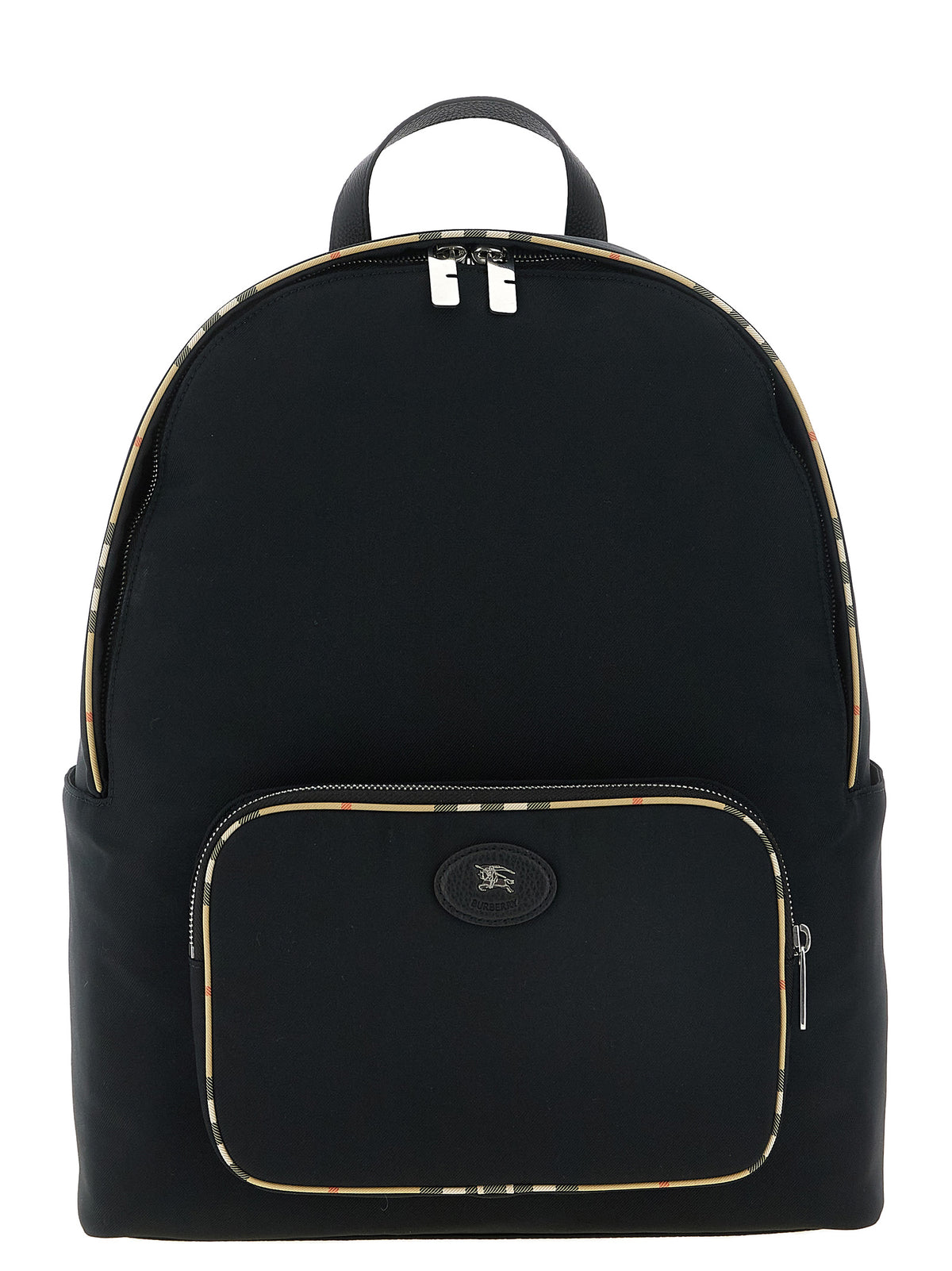 Burberry Check Trim Backpack in black featuring leather accents, exterior pockets, and equestrian knight motif.