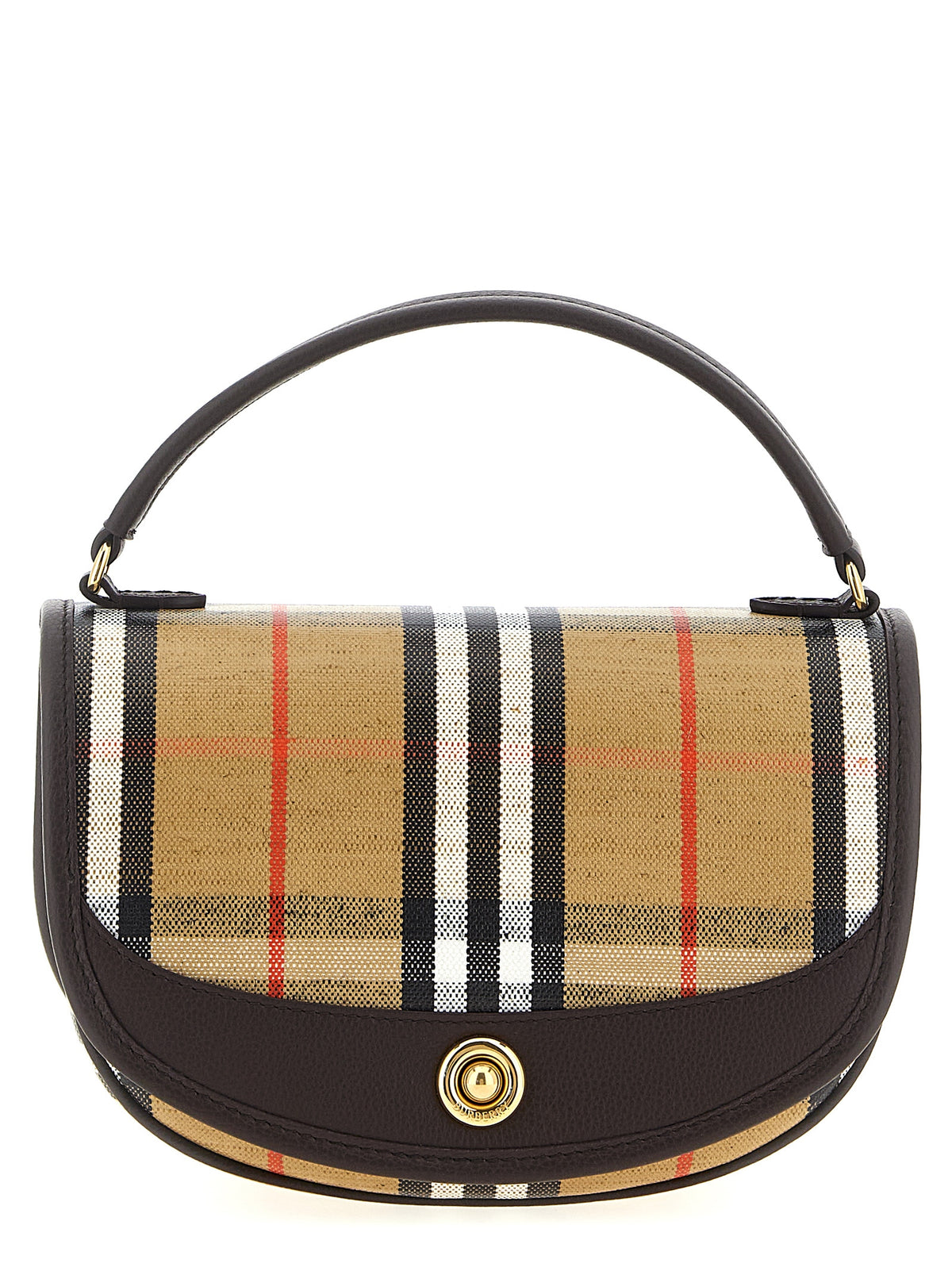 Burberry Highlands Crossbody Bag in sand beige jacquard check featuring smooth calf leather trim, top handle, and detachable strap.