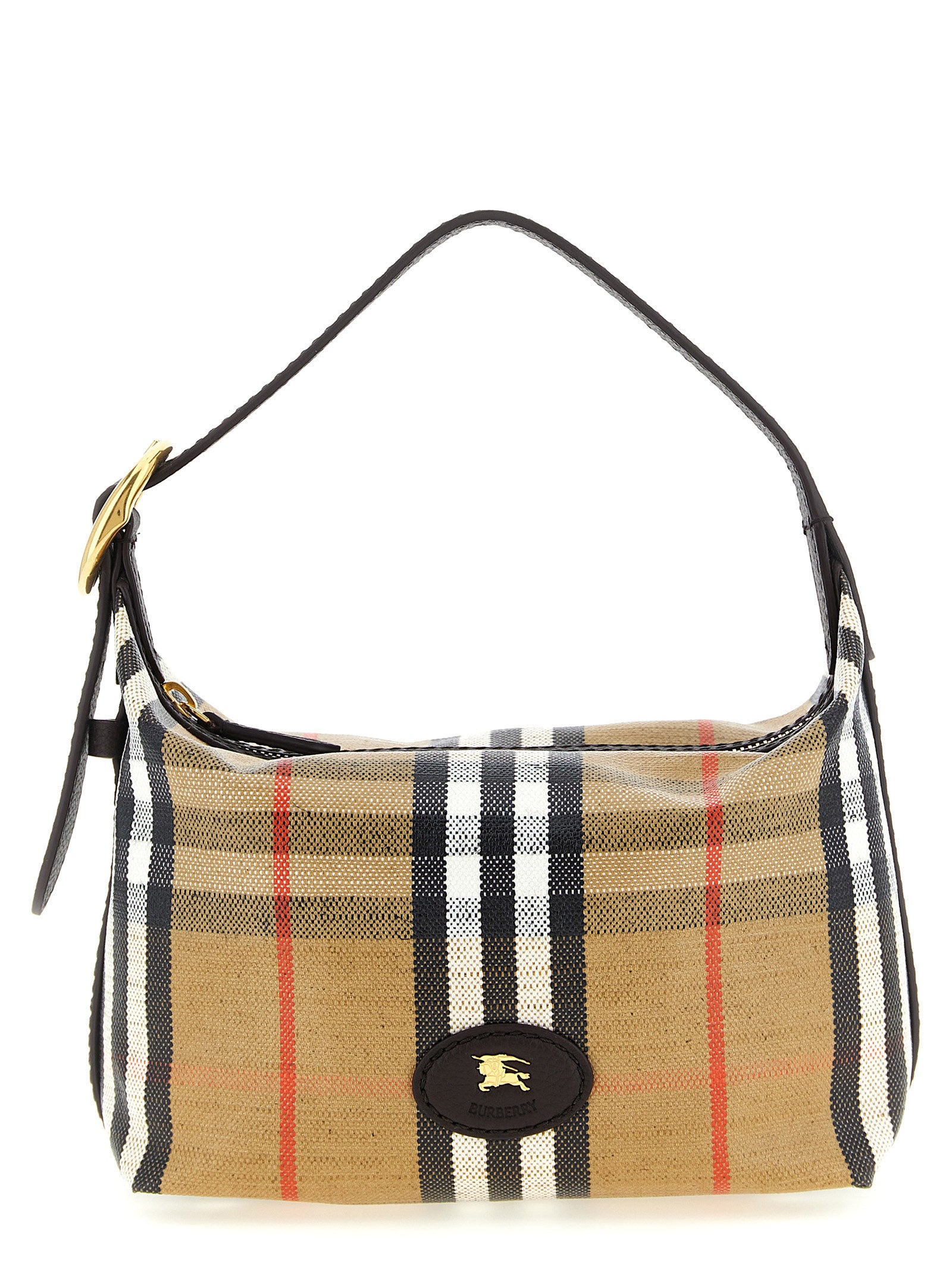 Burberry Highlands Mini Duffle Bag in Sand Beige check pattern, featuring smooth calf leather trim, adjustable shoulder strap, and the Equestrian Knight Design stamp from The Exclusive Line Singapore.