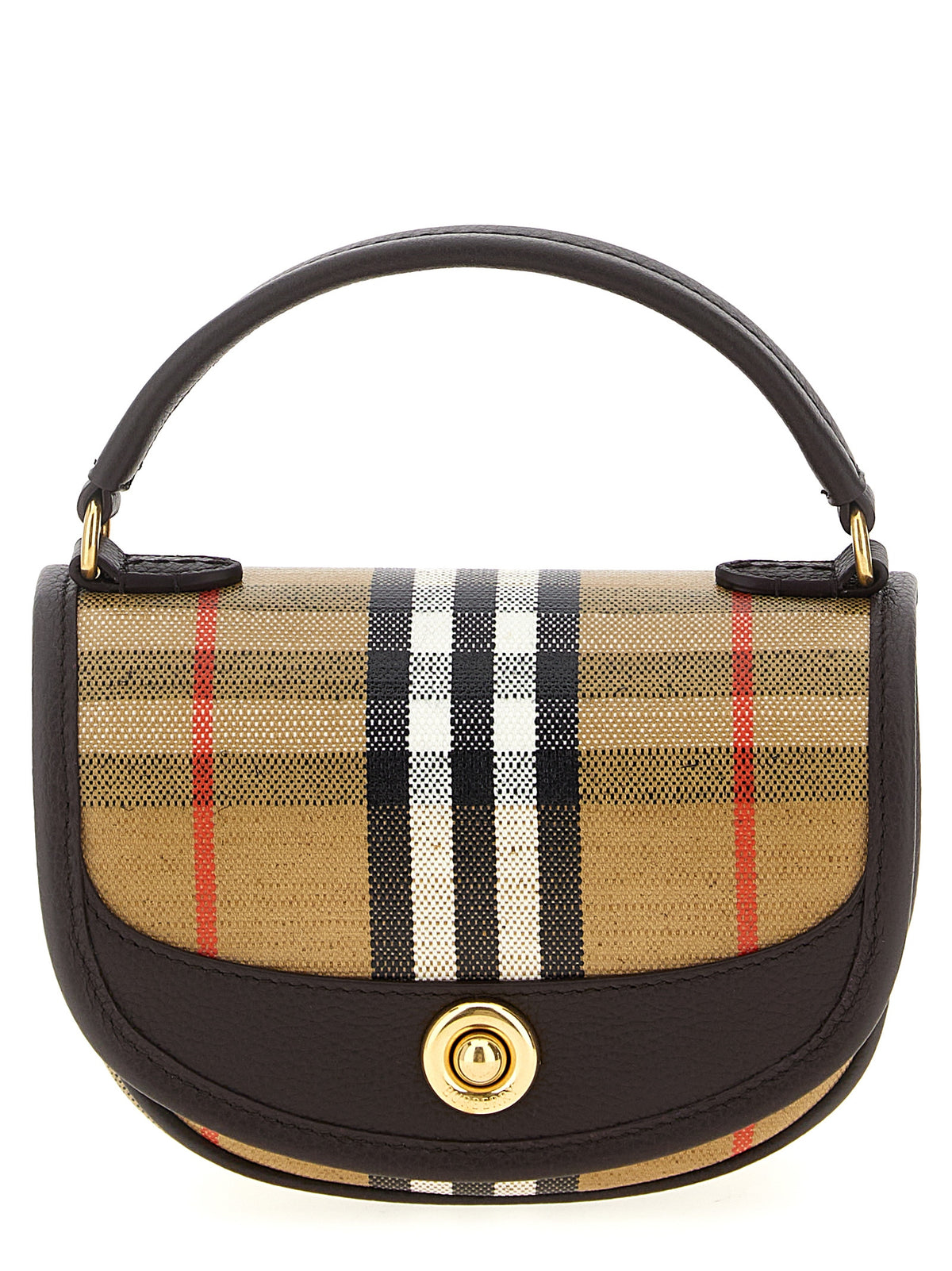 Burberry Highlands Mini Bag in sand beige jacquard check featuring calf leather trim, top handle, and adjustable crossbody strap.