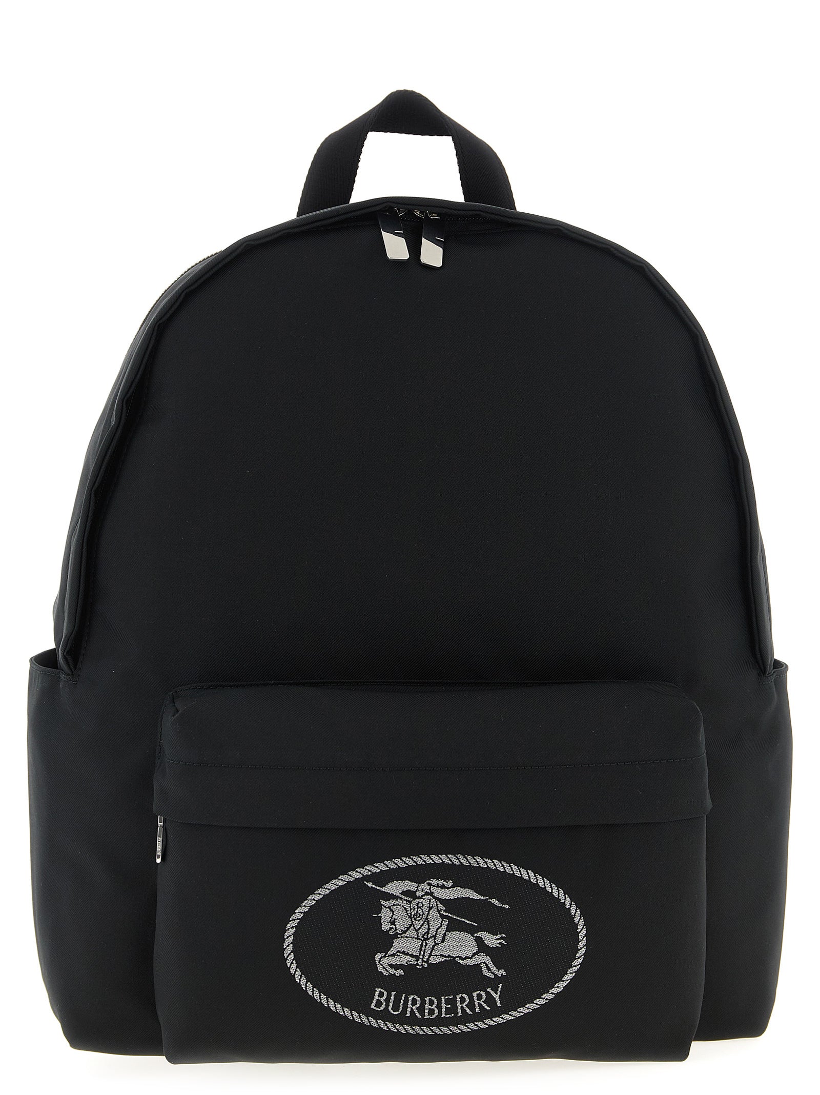 Burberry Orkney Backpack in black nylon featuring reflective Equestrian Knight Design with adjustable straps from The Exclusive Line.