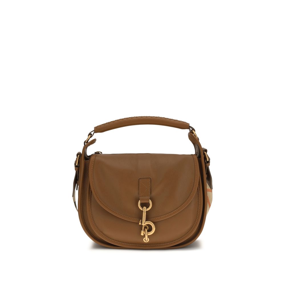 Burberry Small B Clip Messenger Bag in Hazel Brown calf suede featuring 'b' dog clip and hand-stitched saddle handle.