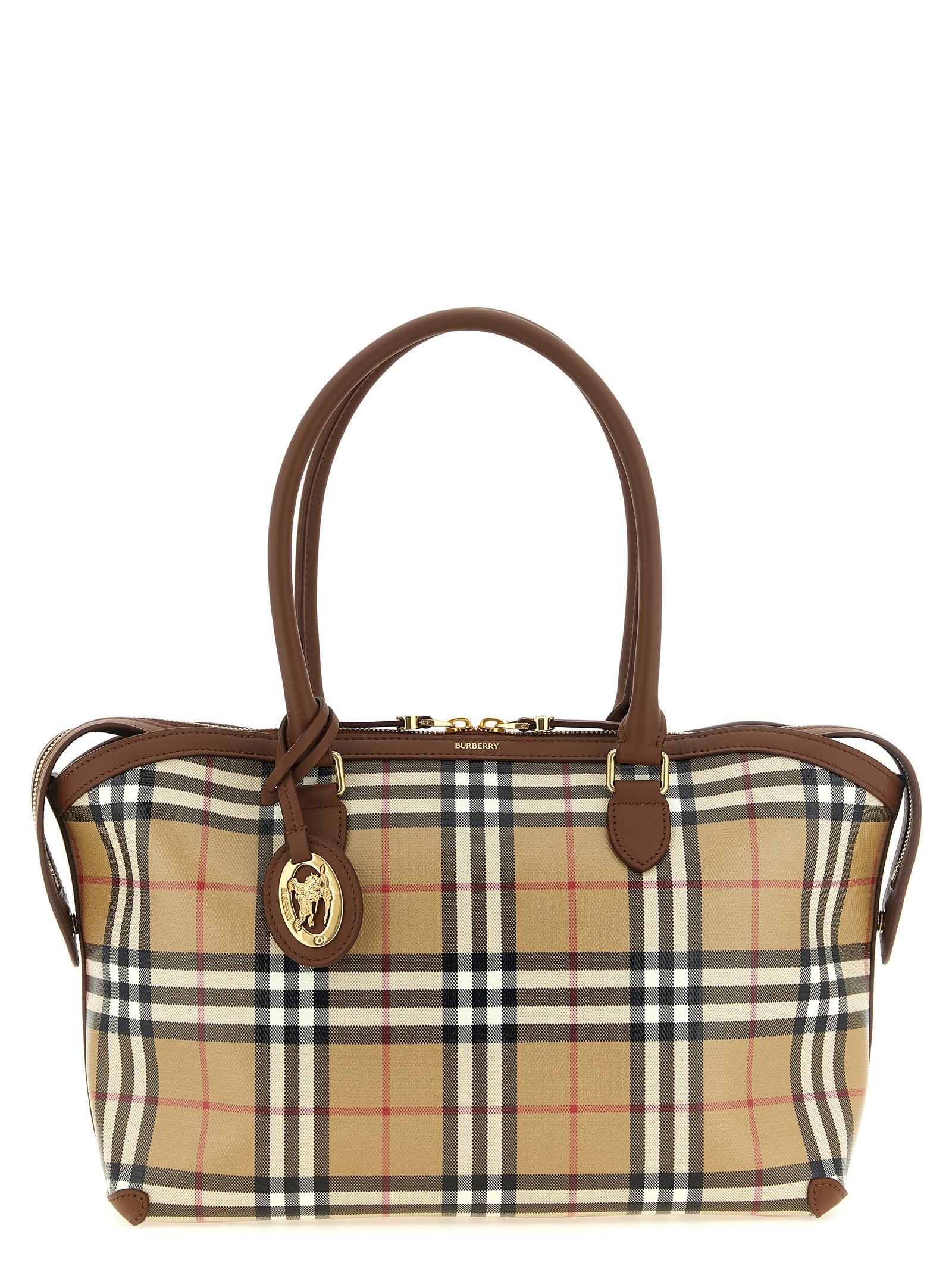 Burberry Small Check Zip Tote in archive beige check canvas with rolled leather handles and detachable Knight stamp charm.
