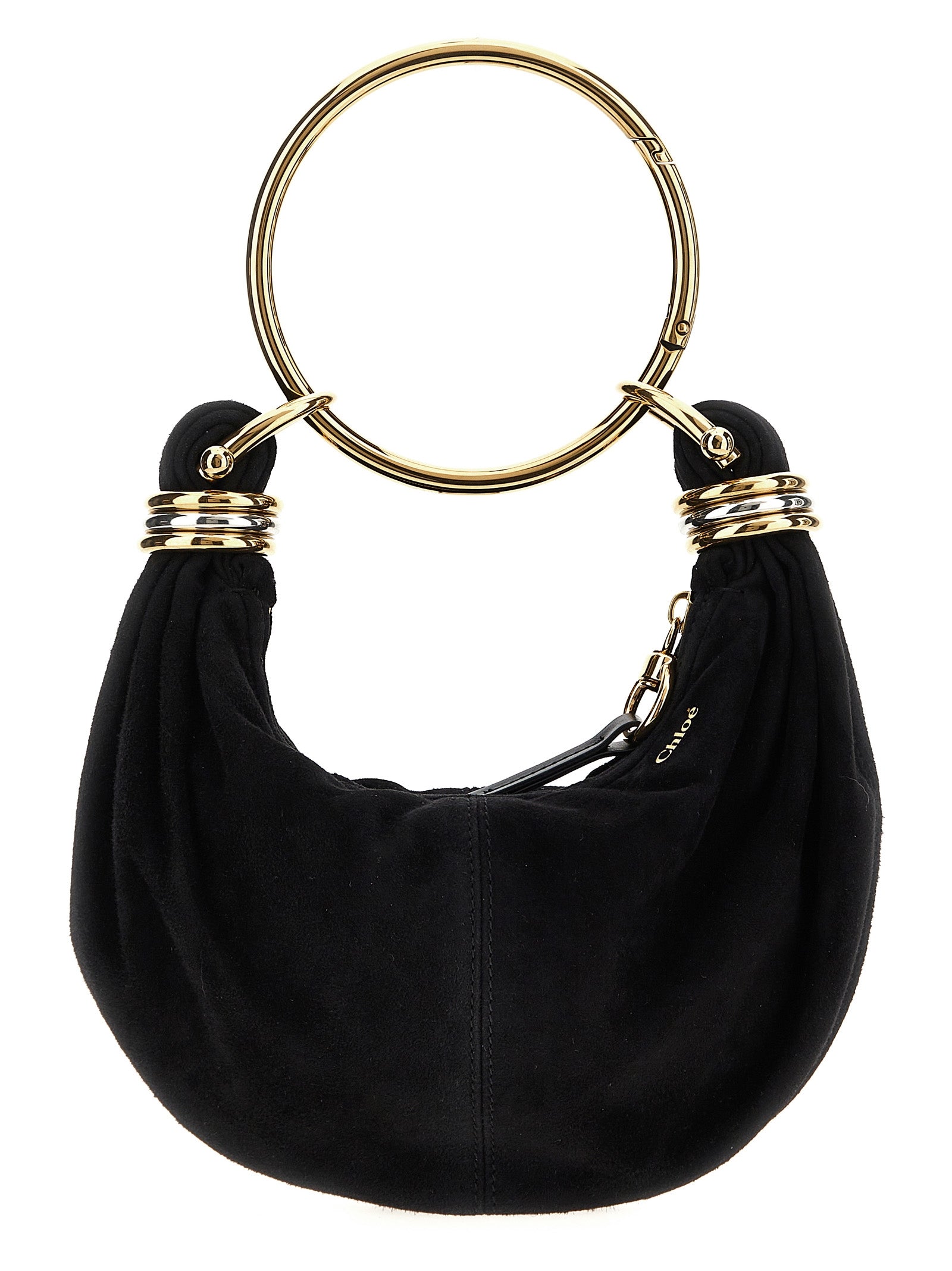 Chloé Bracelet mini hobo bag in black suede goatskin leather featuring a compact crescent shape, a gold-tone metal ring handle, and bi-color side rings from The Exclusive Line Singapore.