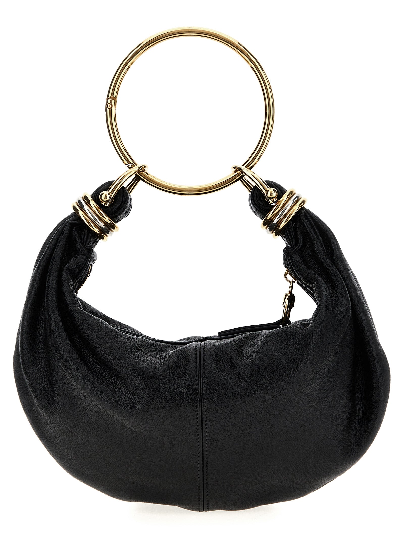 Chloé Bracelet small hobo bag in black shiny grained calfskin featuring a crescent silhouette, a gold-tone metal ring handle, and bi-color side rings from The Exclusive Line Singapore.