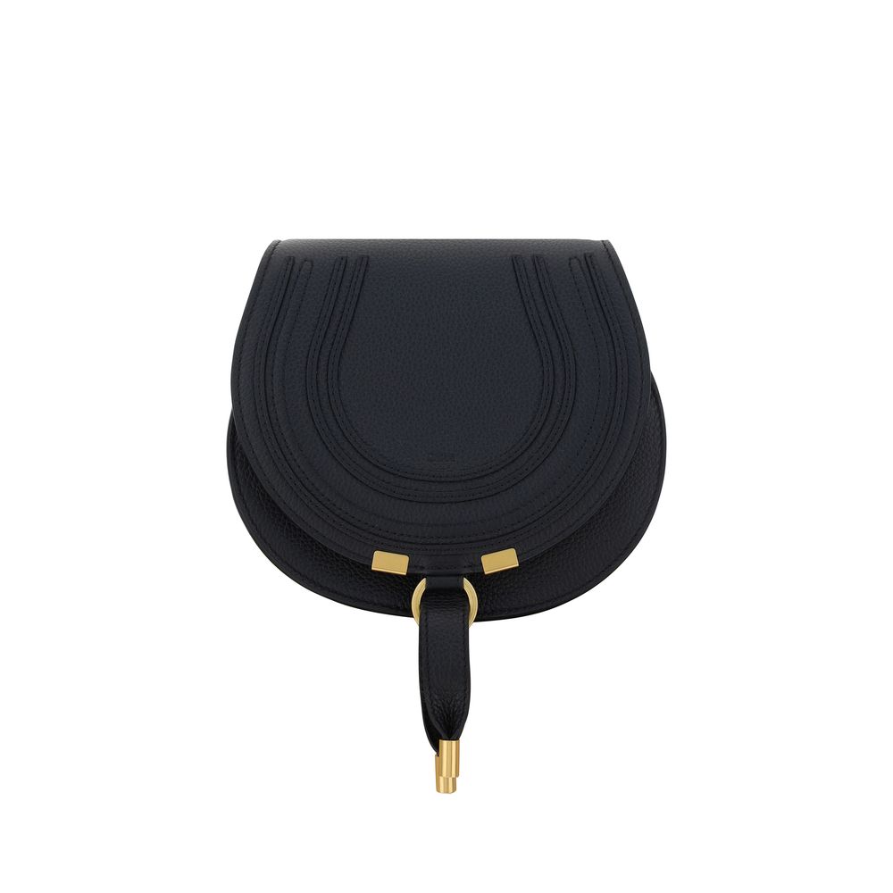 Chloé Marcie Small Saddle Bag in black grained leather with antique gold hardware front view.