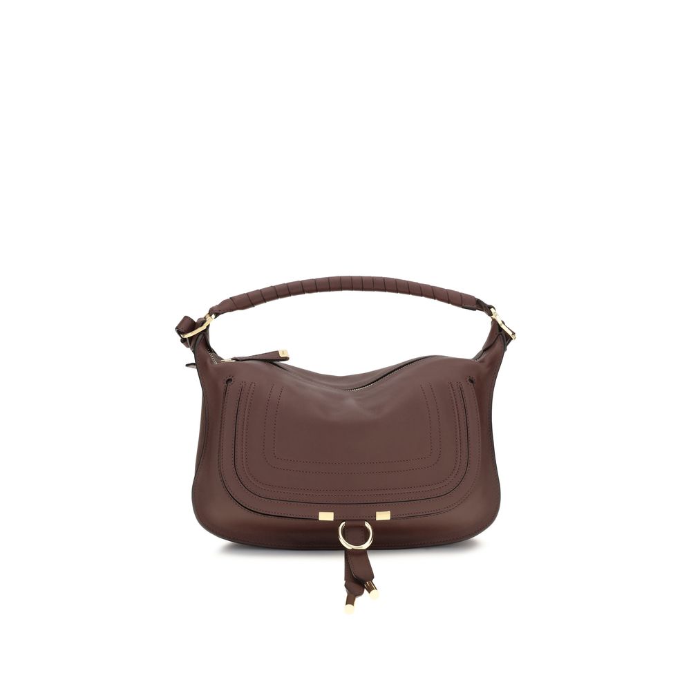 Chloé Marcie small shoulder bag in dark velvet smooth calfskin leather featuring a slouchy silhouette, hand-wrapped handle, and gold-tone hardware from The Exclusive Line Singapore.