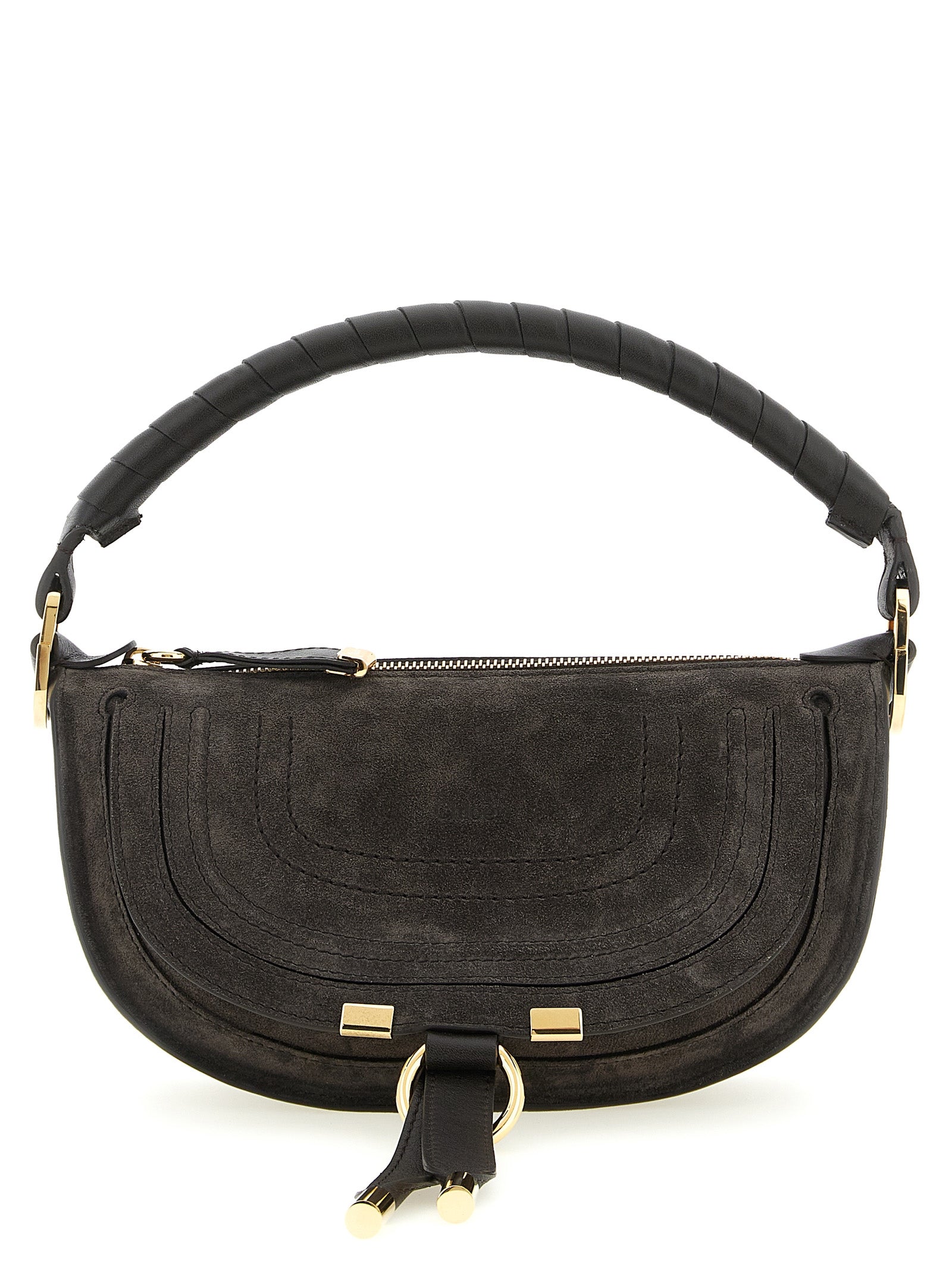 Chloé Mini Marcie shoulder bag in kohl brown suede calfskin leather featuring a slouchy silhouette, hand-wrapped handle, and dangling leather tassels from The Exclusive Line Singapore.
