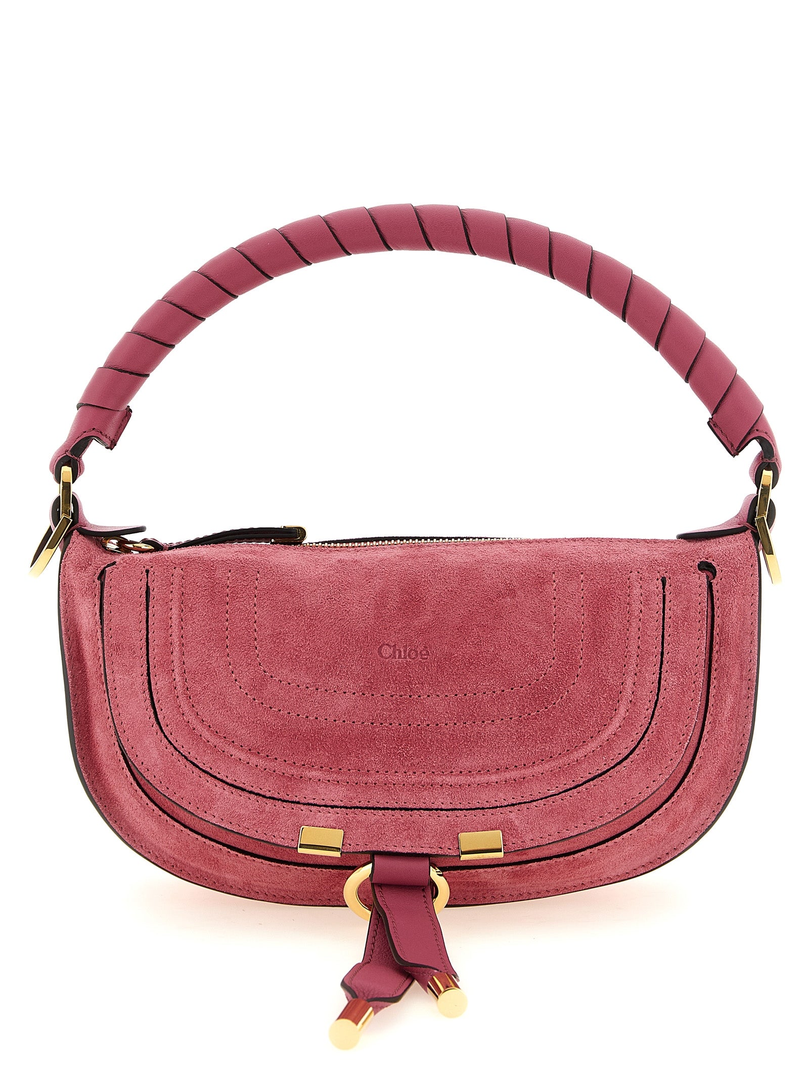 Chloé Mini Marcie shoulder bag in Pink suede calfskin leather featuring a slouchy silhouette, hand-wrapped handle, and dangling leather tassels from The Exclusive Line Singapore.