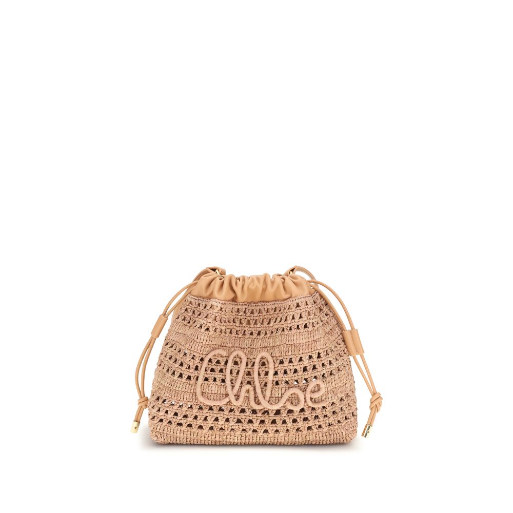 Chloé Mini Summer Banana drawstring shoulder bag in woven summery beige raffia and lambskin trim with an artisan handwritten signature and dangling charms.
