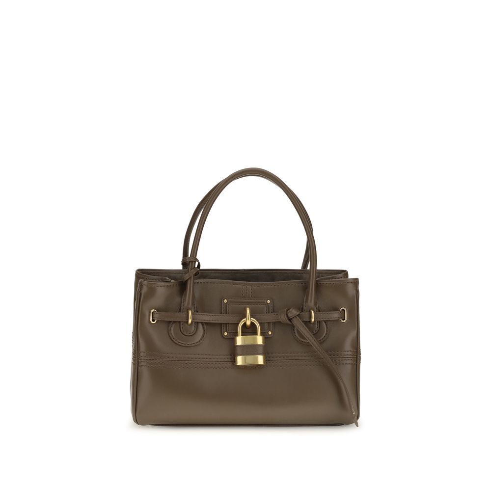 Chloé Small Paddington Sling Top-Handle Bag in Brown smooth nappa lambskin with oversized padlock and adjustable shoulder strap.