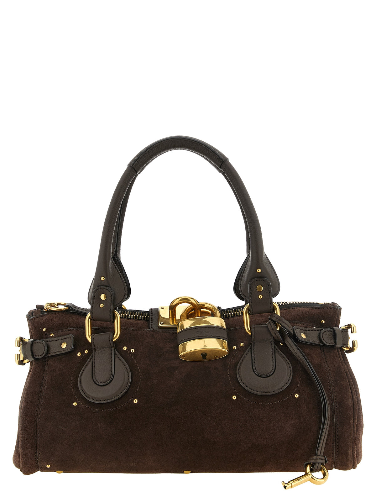 Chloé 20th Anniversary Paddington Bag in Kohl Brown suede calfskin with signature oversized padlock and C-shaped buckles.