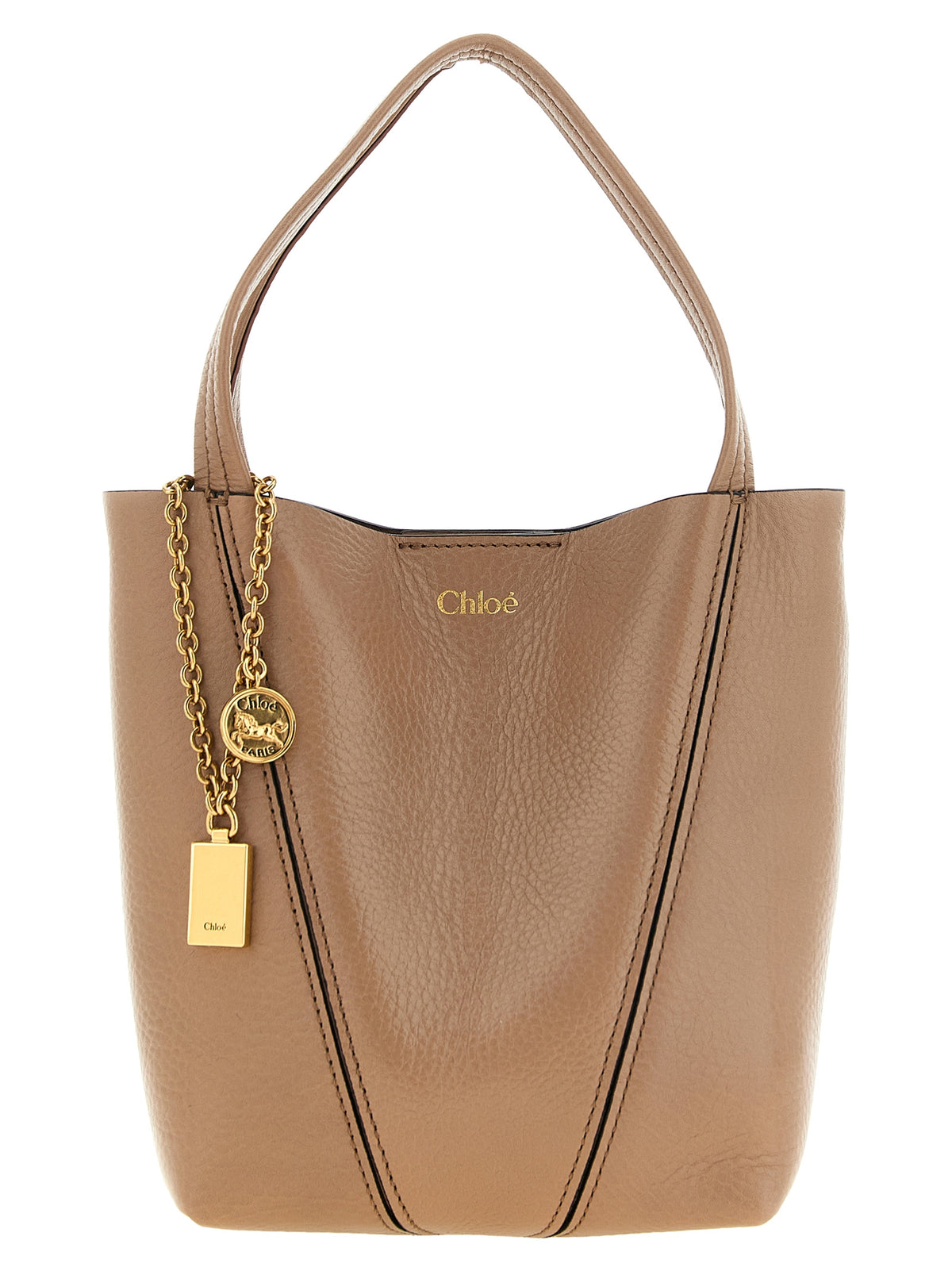 Chloé Small Spin Tote Bag in Woodrose shiny grained cowhide with dangling medal chain and leather strap.