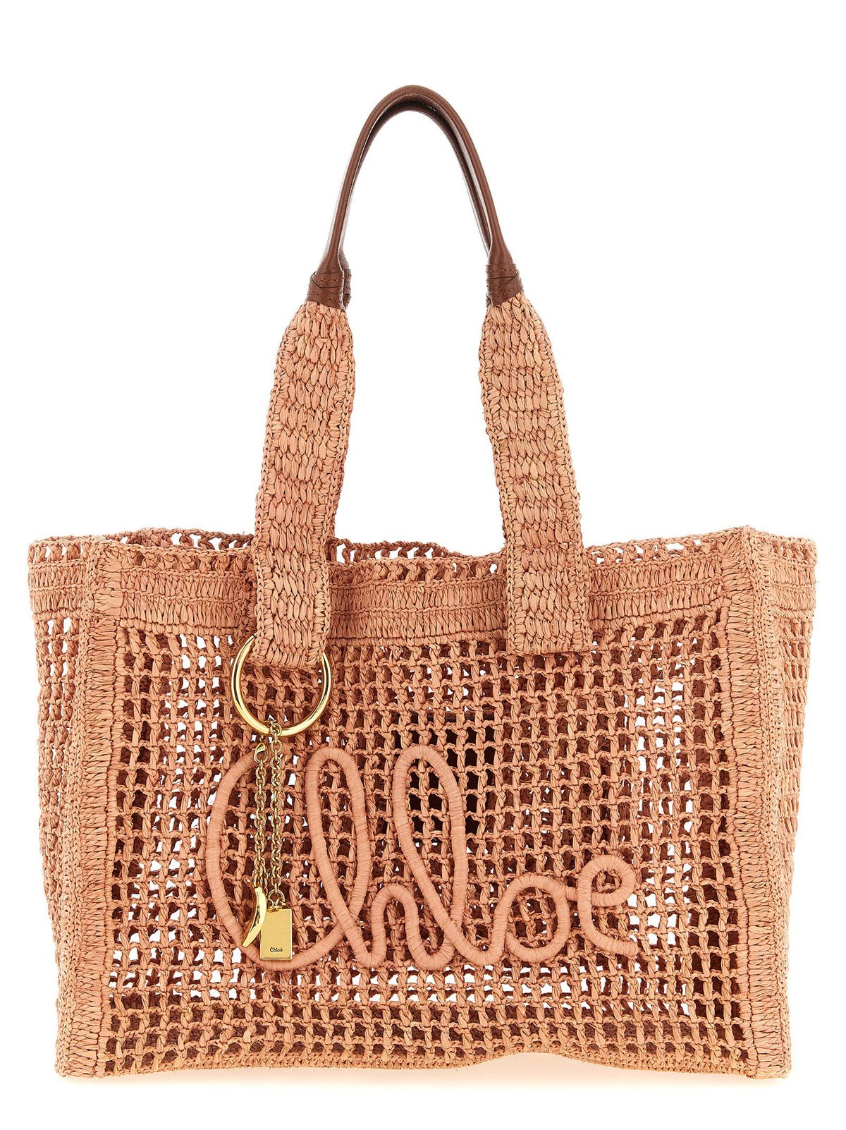 Chloé Summer Banana East-West Tote Bag in Summery Beige hand-crocheted raffia with buffalo leather trim and charm chain.