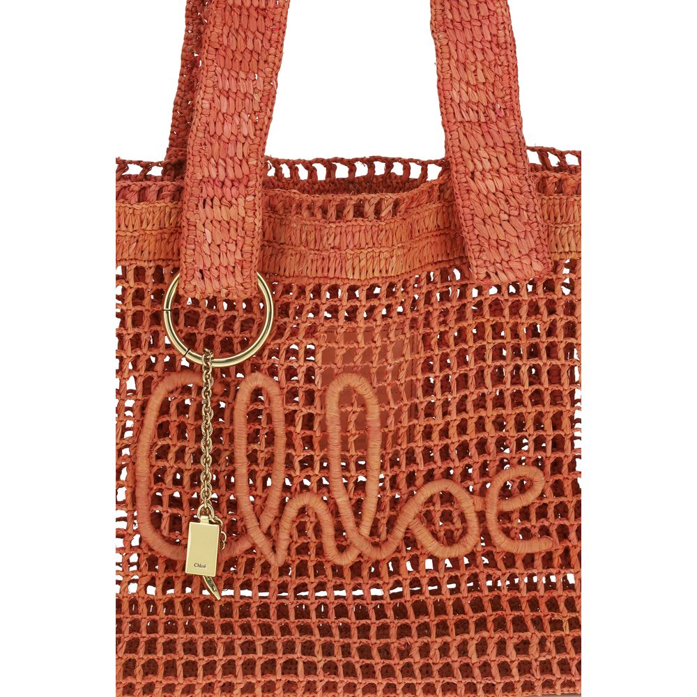 Close up of Chloé Summer Banana East-West Tote Bag in Raffia in Clay Brown from The Exclusive Line Singapore.