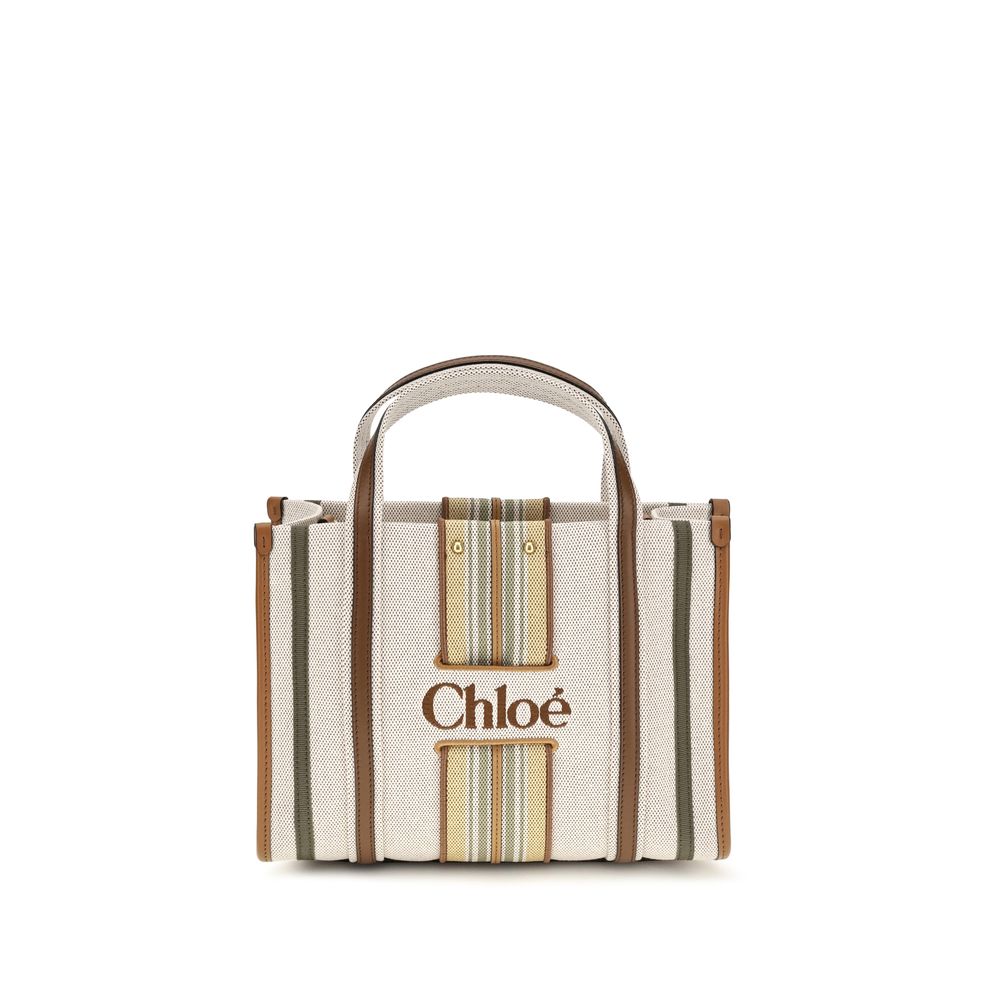 Chloé Woody Loop Small Tote Bag in Pure Brown canvas with removable crossbody strap and embroidered logo.