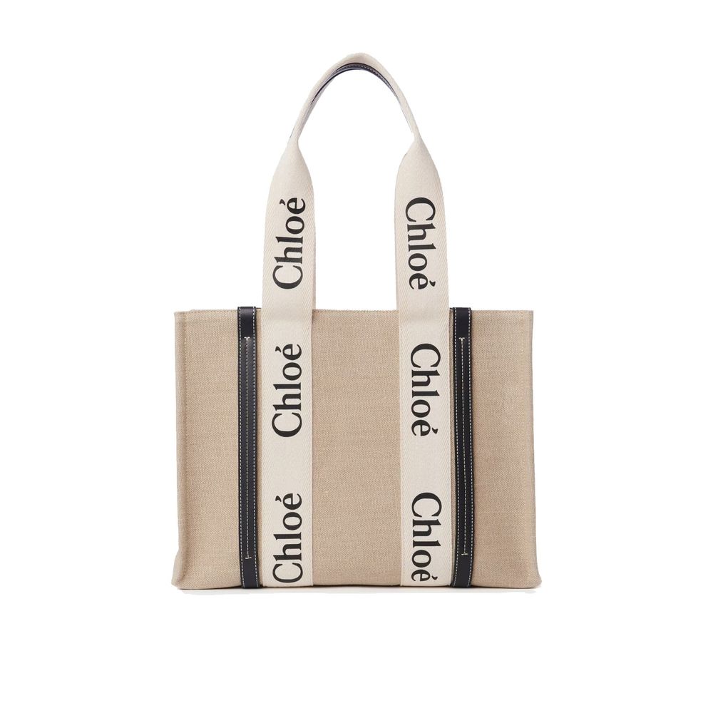Chloé Medium Woody Tote Bag in White and Blue linen canvas with vertical calfskin strips and logo ribbon.