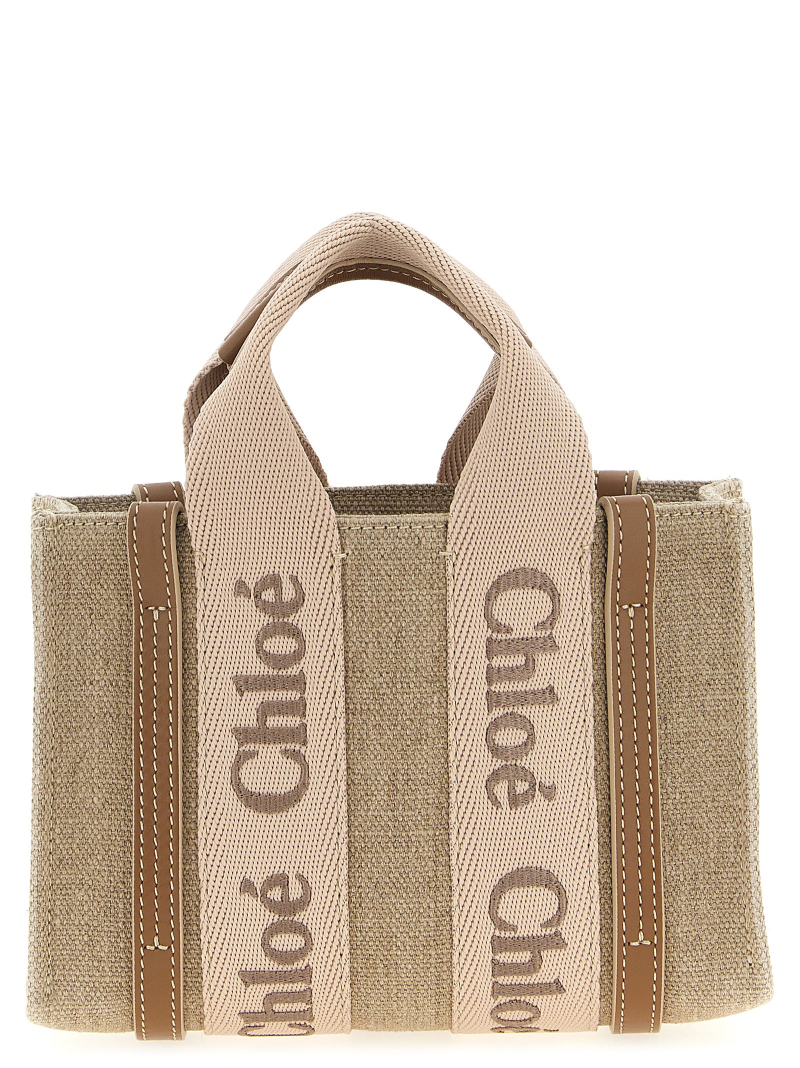 Chloé Woody Mini Tote Bag in linen canvas and Blushy Beige leather front view.