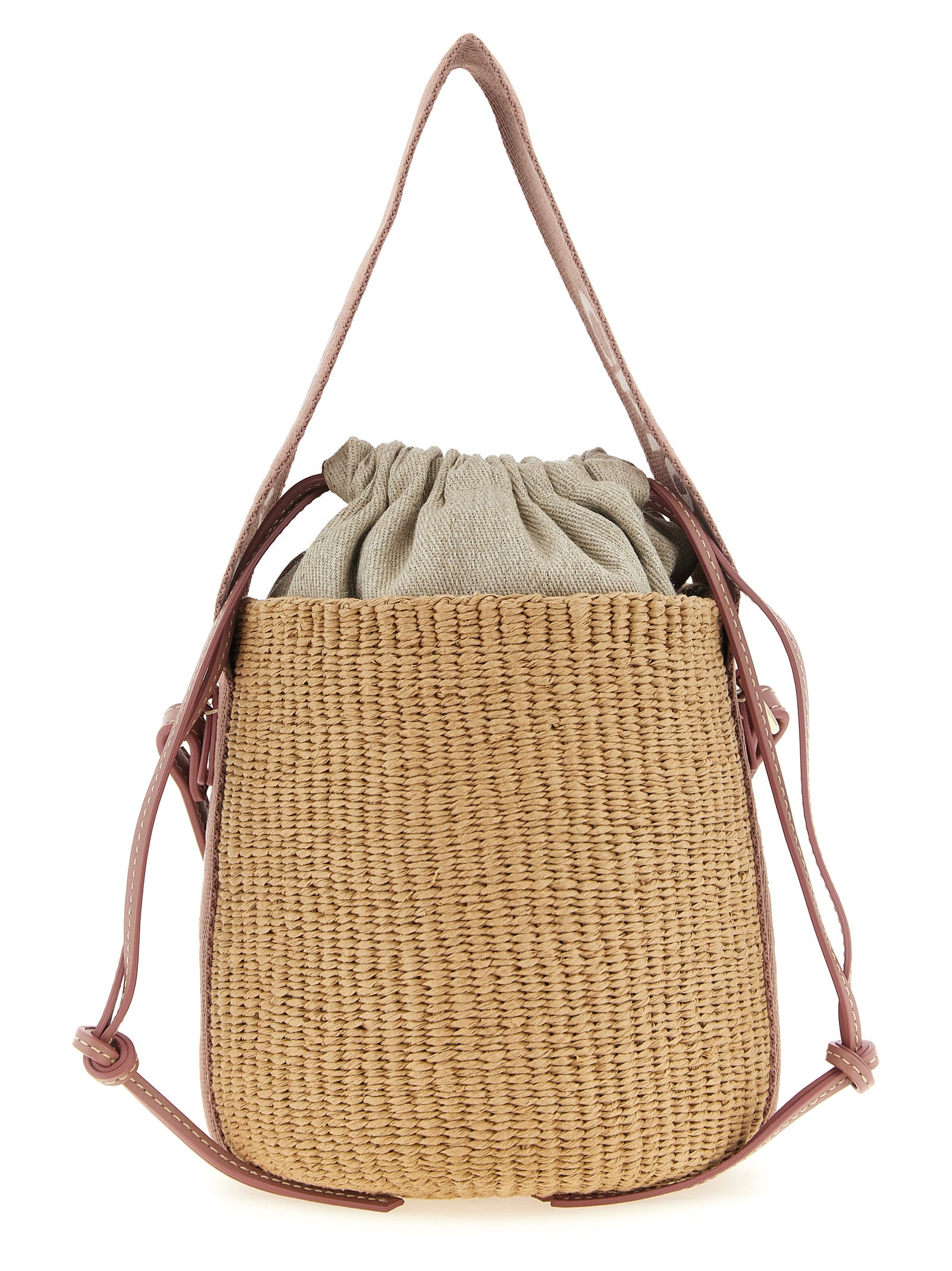 Chloé Woody Small Basket in natural fibers and Nougat leather with signature handle front view