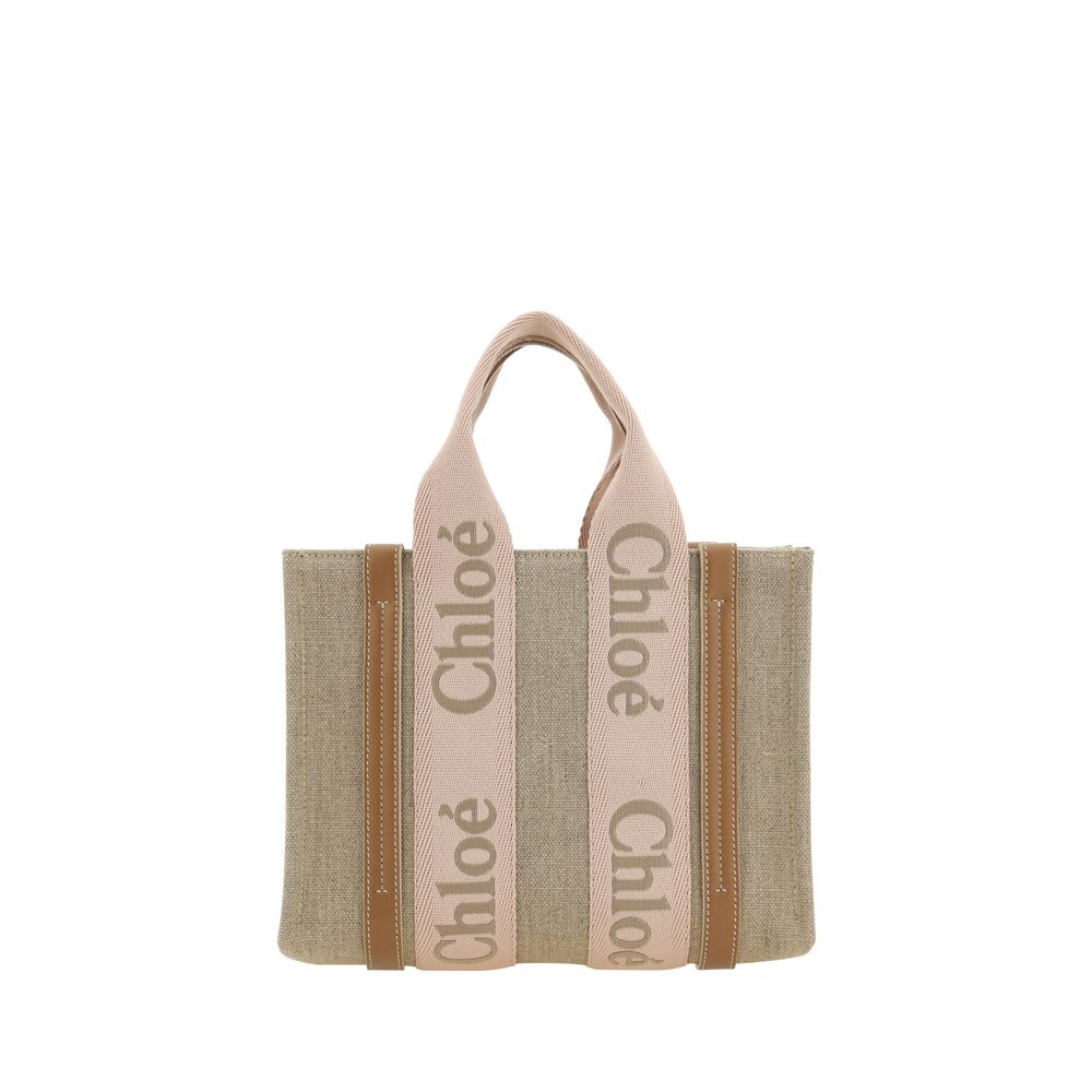 Chloé Small Woody Tote Bag in Blushy Beige linen canvas with logo webbing and calfskin trim.