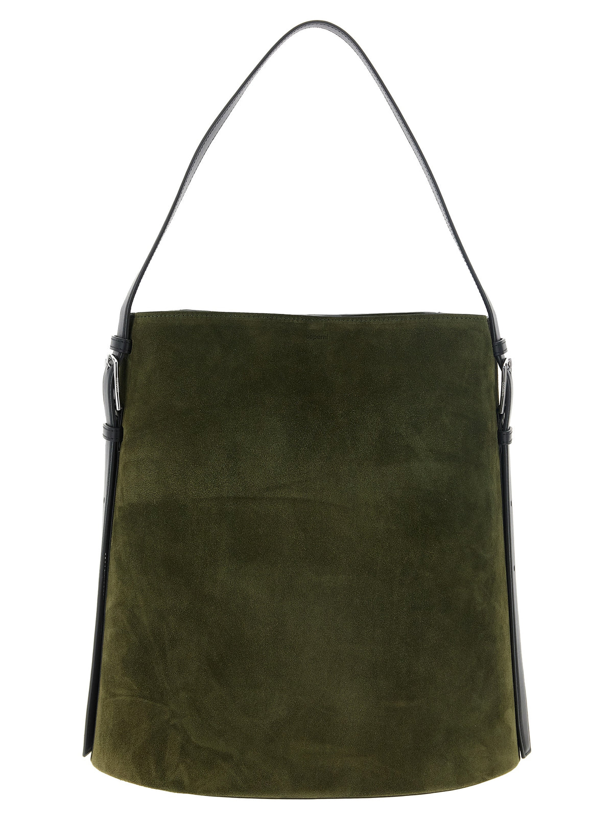 Coperni Ergonomic Bucket Bag in rich olive green suede with firm structured handle and side buckle strap details.